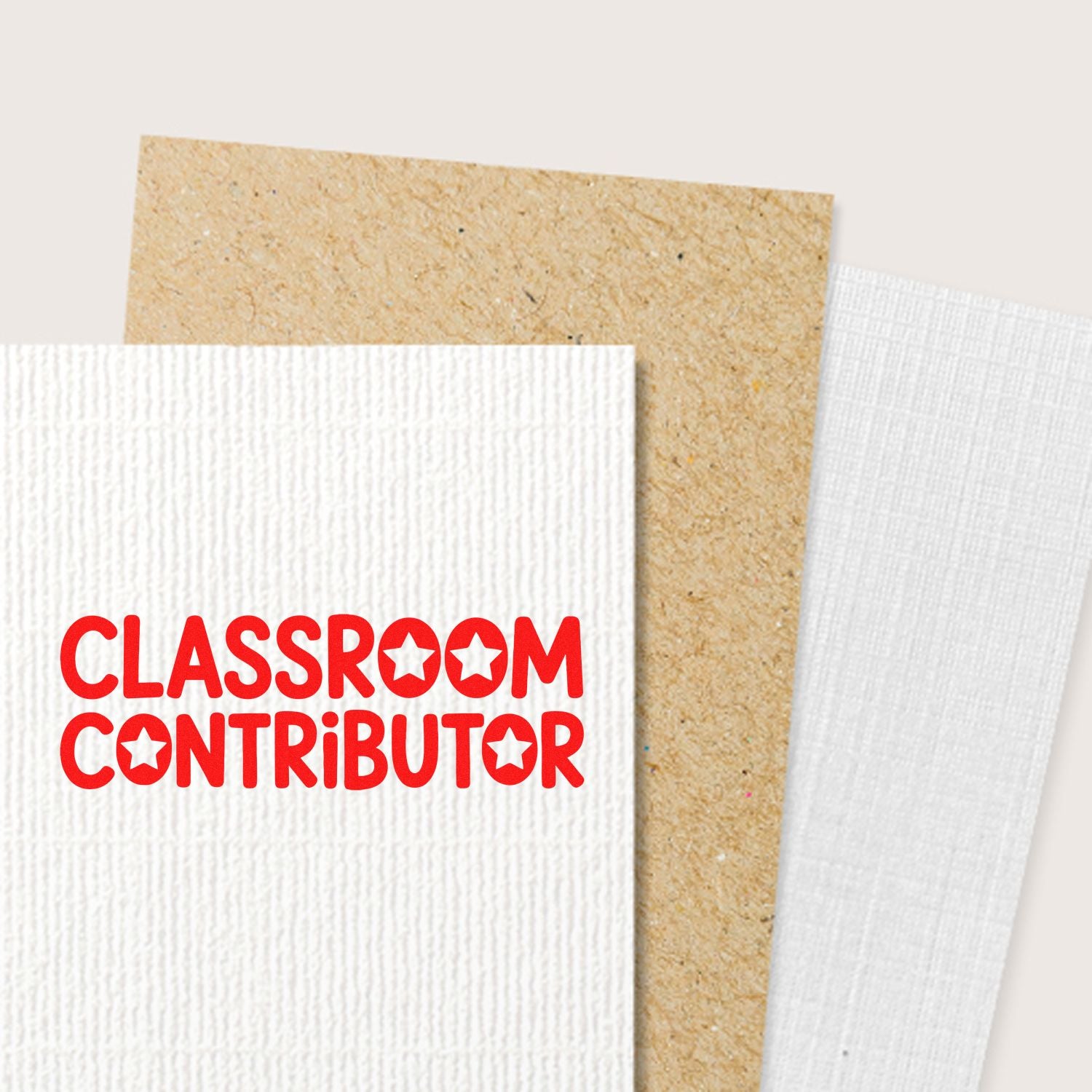 Classroom Contributor rubber stamp impression in red on textured white cardstock, showing a teacher appreciation stamp design.