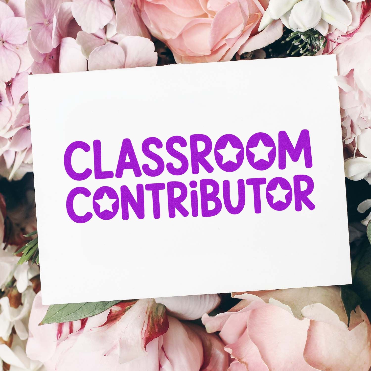 Classroom Contributor rubber stamp design in bold purple lettering with stars, ideal for teacher rewards and classroom recognition.
