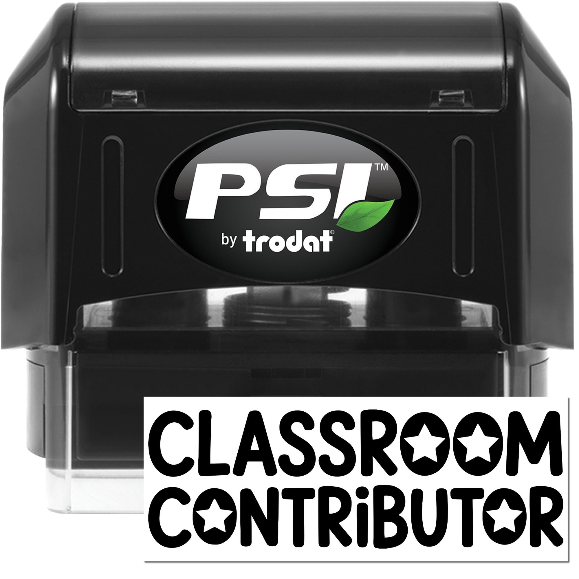 PSI by Trodat self-inking rubber stamp with Classroom Contributor imprint for classroom reward labeling.