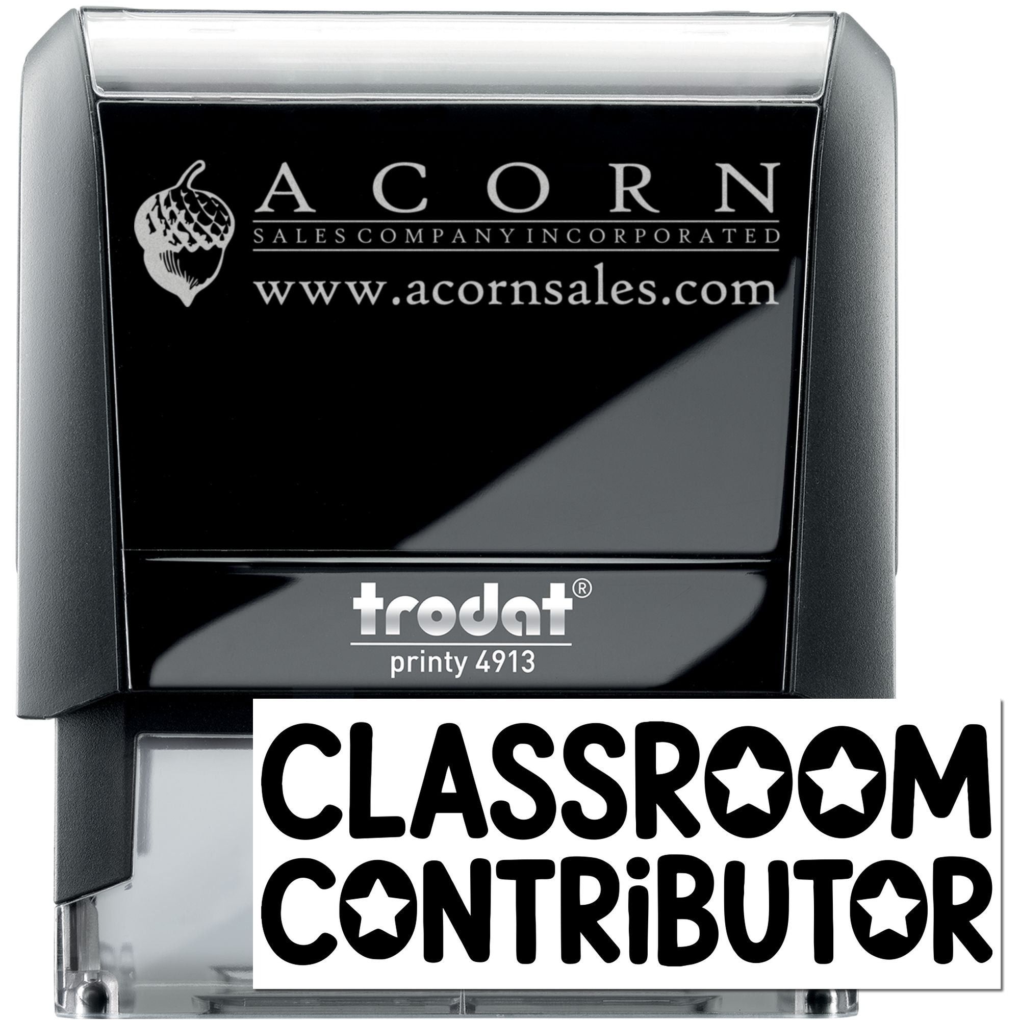 Custom self-inking rubber stamp with Acorn Sales Company logo and Classroom Contributor design, Trodat Printy 4913.