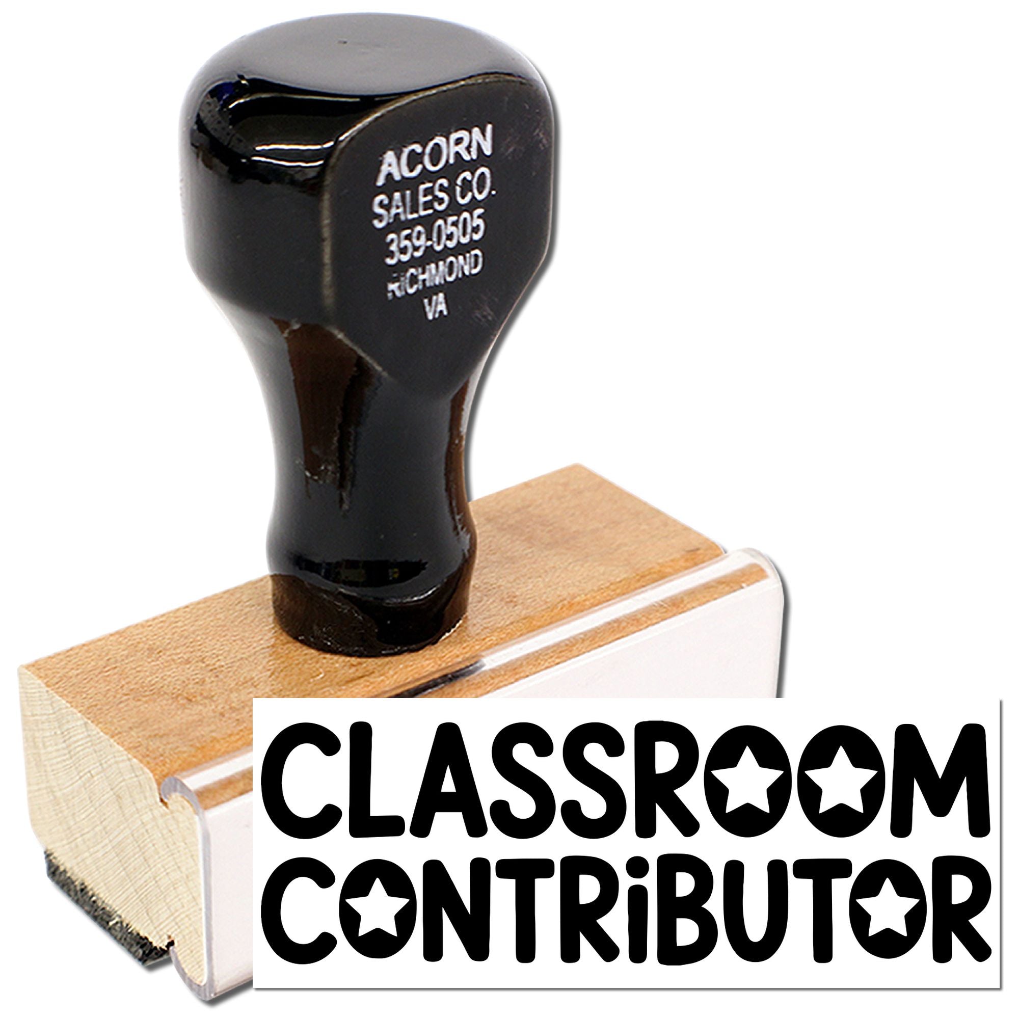 Classroom Contributor rubber stamp with wooden handle for teacher recognition and student awards