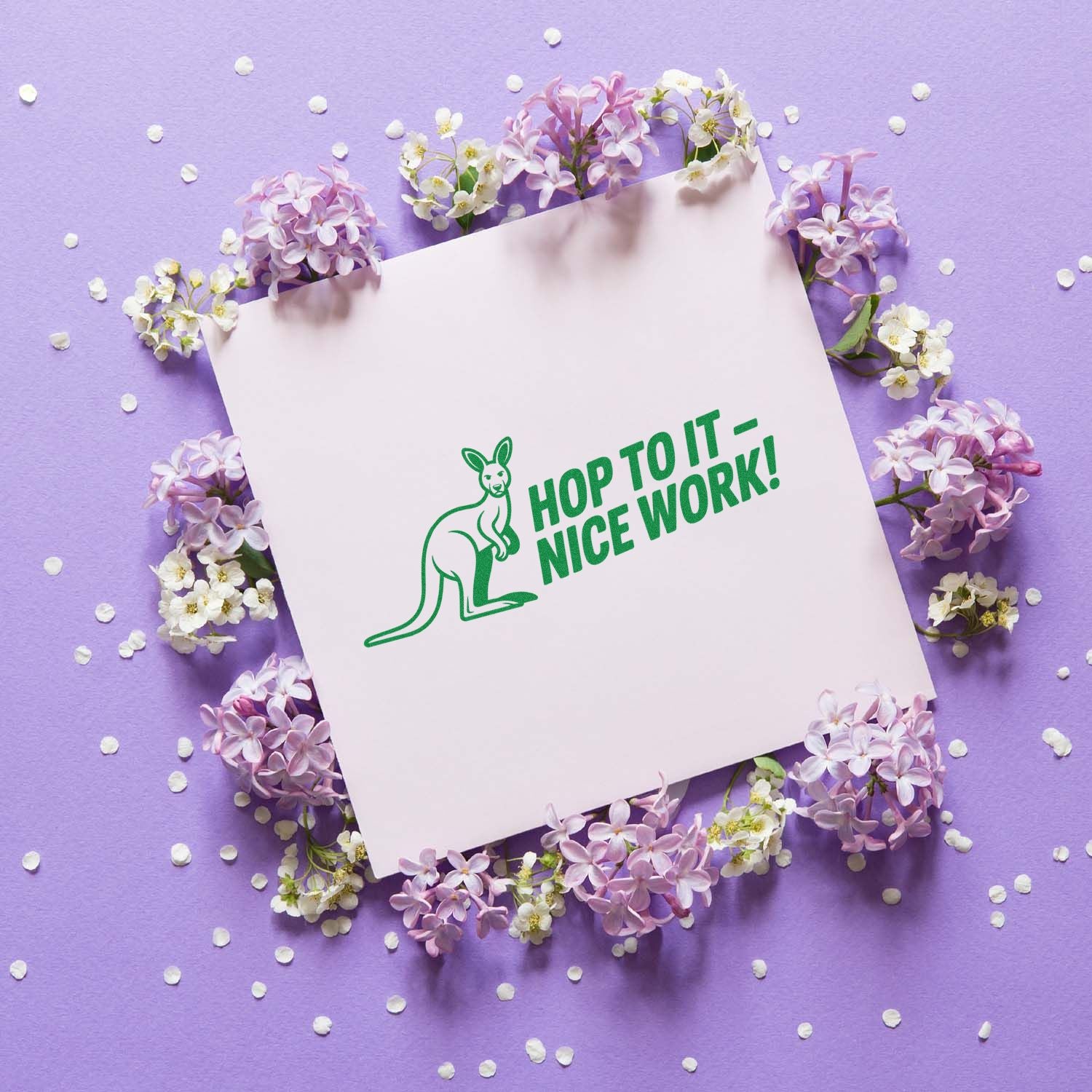 Kangaroo rubber stamp with Hop to It  Nice Work! message for handmade cards, scrapbooking, and employee recognition.