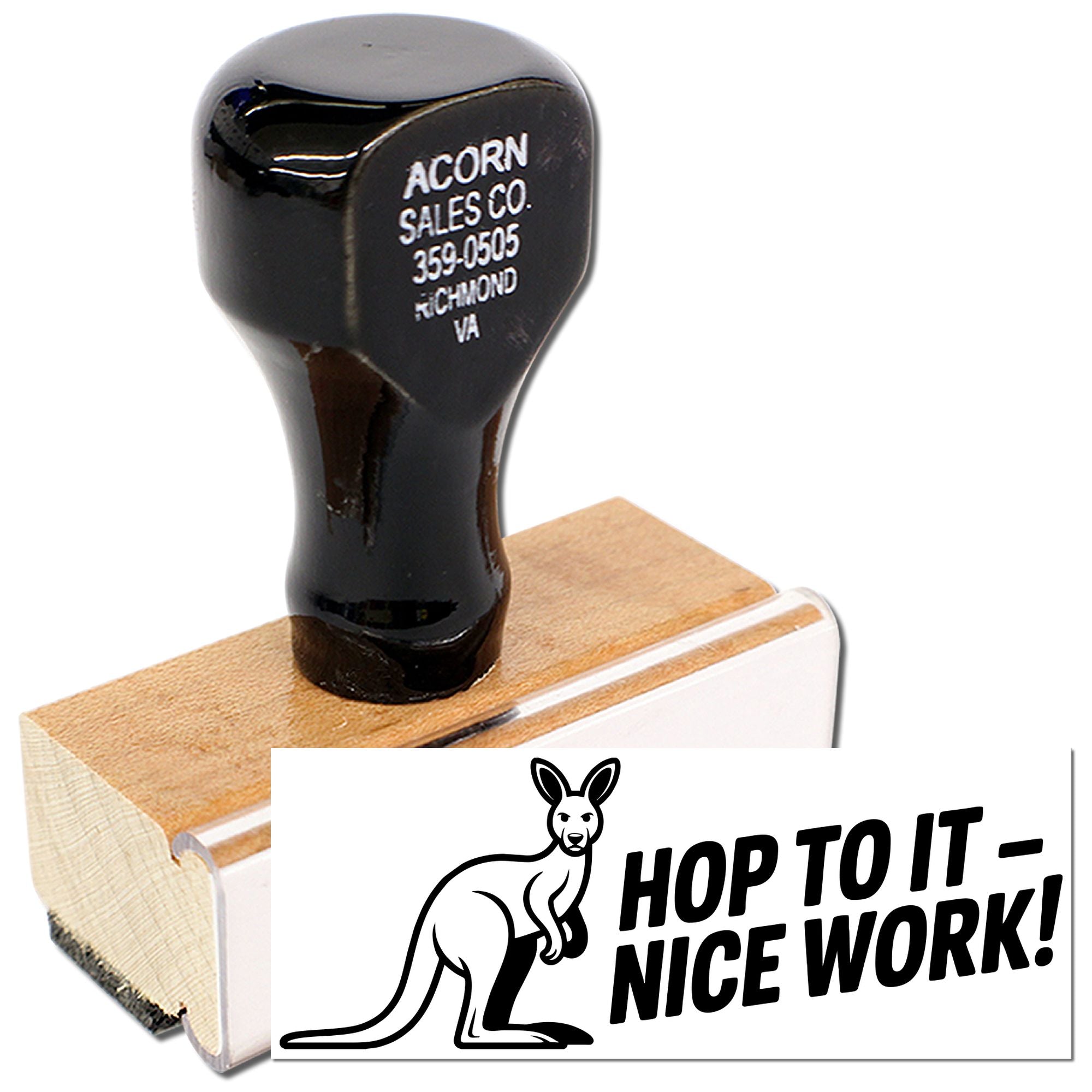 Wood handle rubber stamp with Hop to It, Nice Work! kangaroo design for office praise, rewards, and motivation.