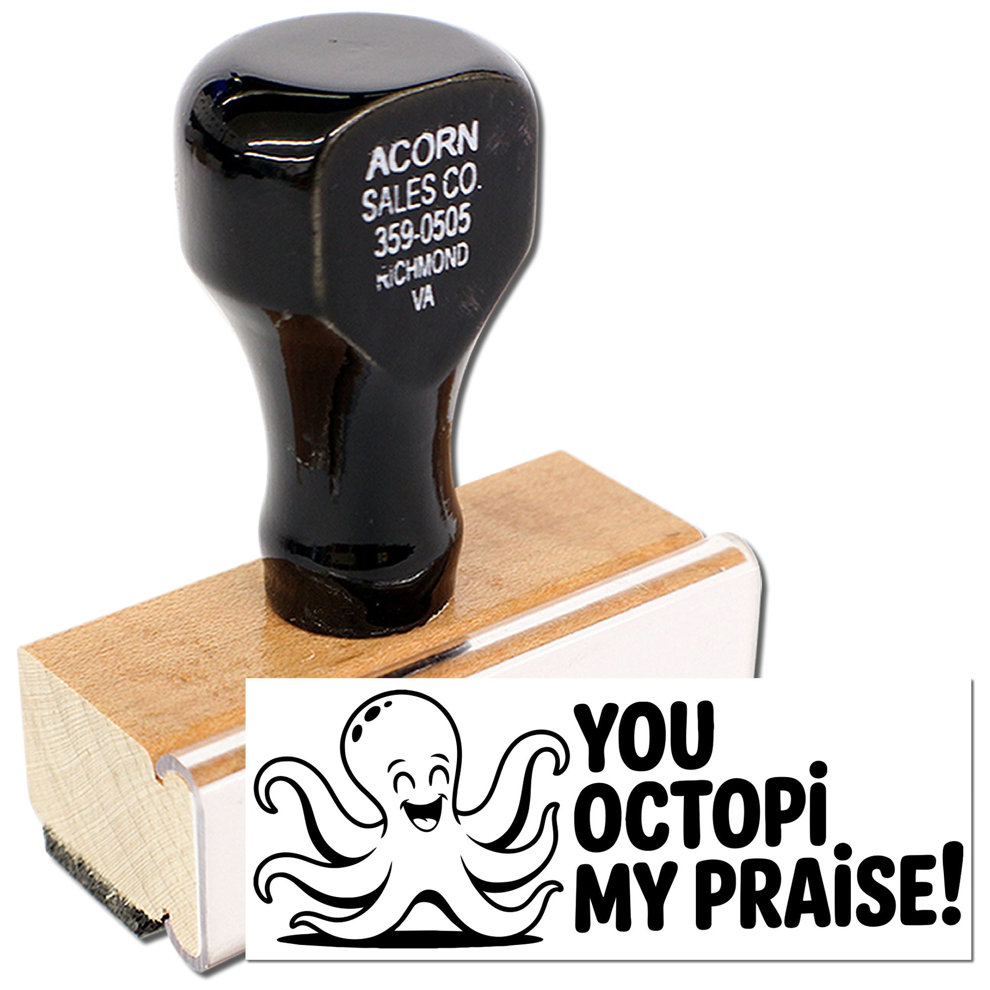 Wooden rubber stamp with octopus quote, You Octopi My Praise! for Bible journaling, crafts, and praise notes