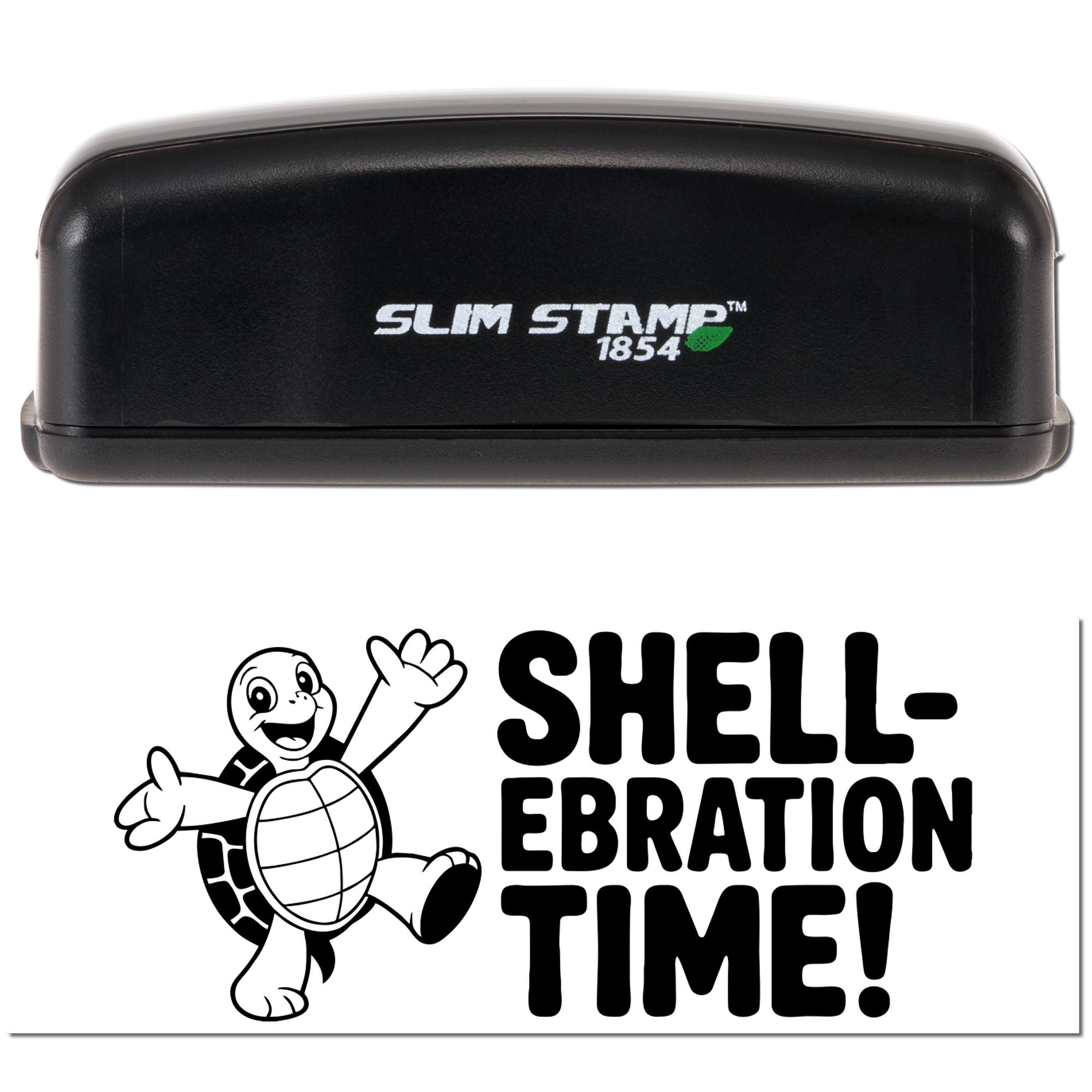 Custom rubber stamp with turtle graphic and Shell-ebration Time! message for birthday or celebration crafts.