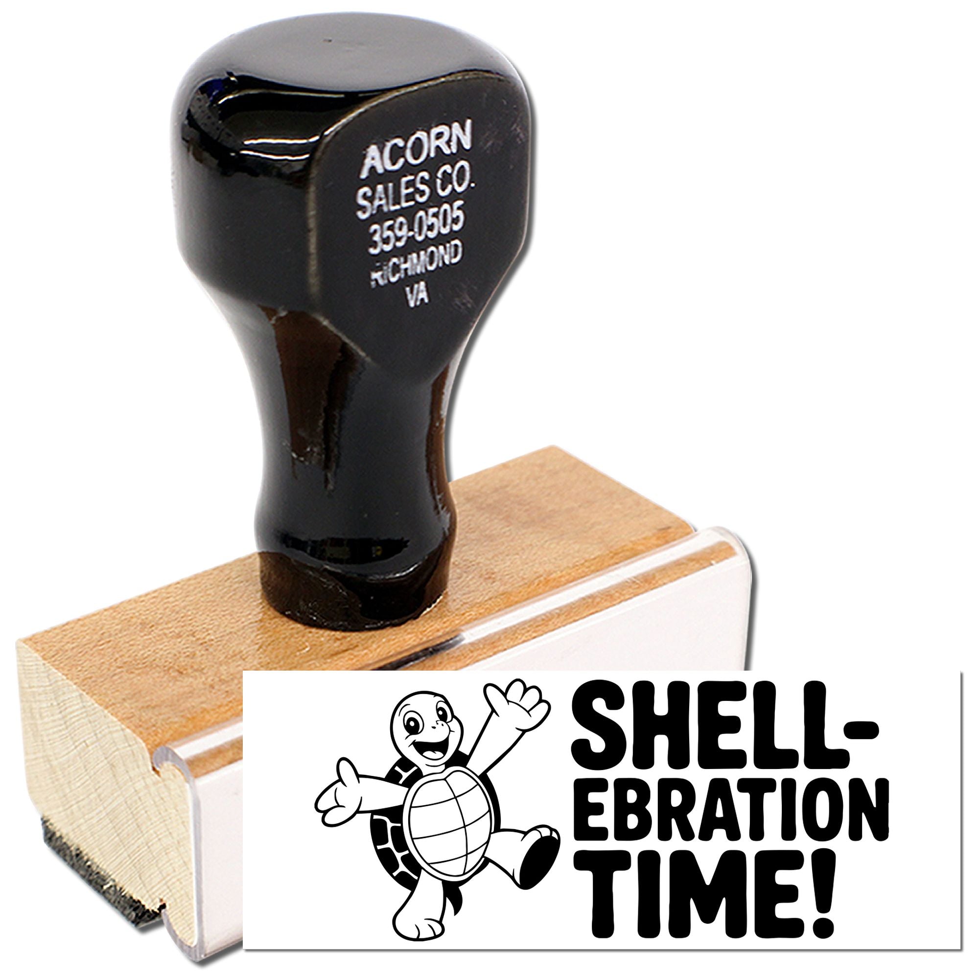 Custom wooden rubber stamp with Shell-ebration Time! turtle design for party invitations, crafts, and scrapbooking.