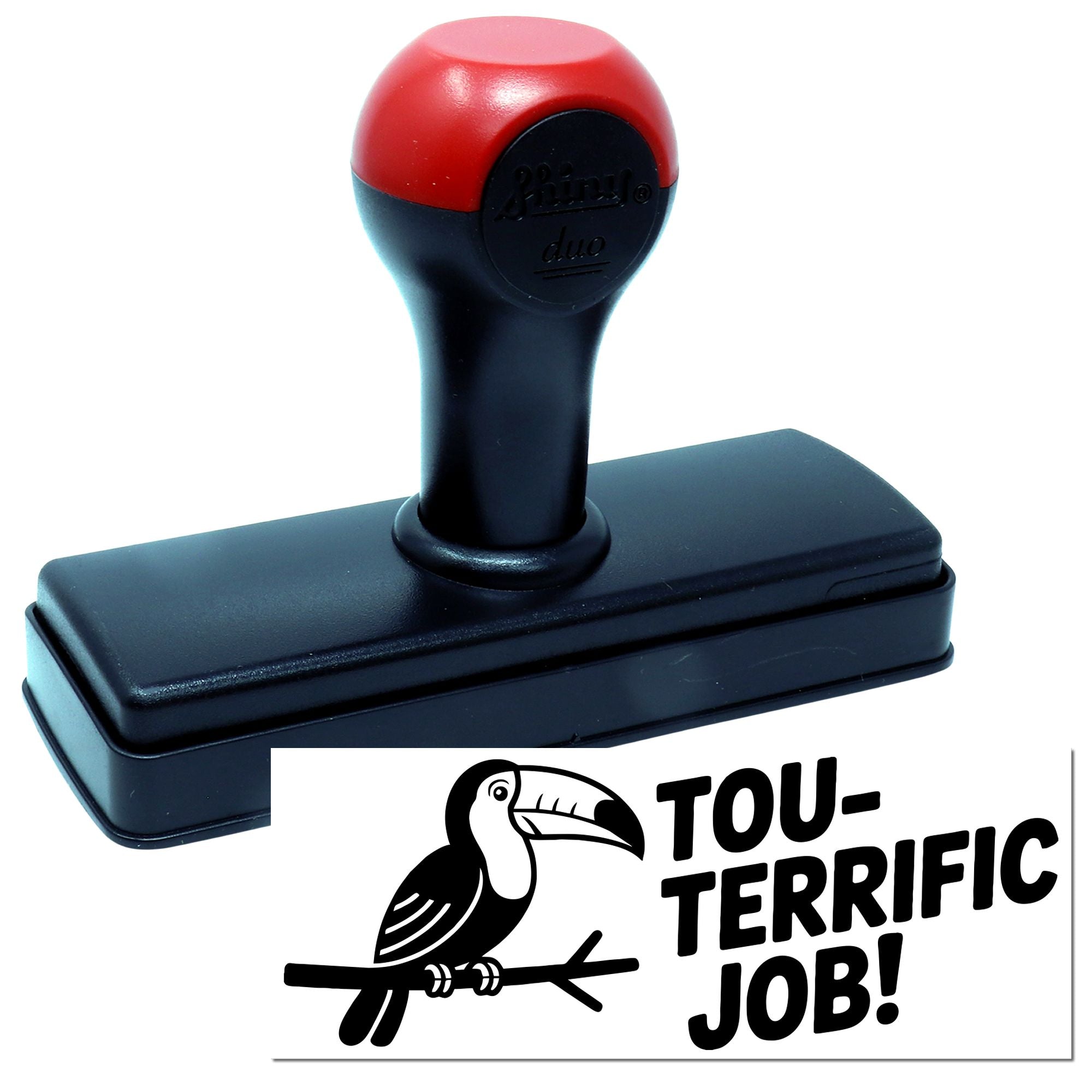 Self-inking rubber stamp with Tou-Terrific Job! toucan design for teacher praise, office rewards, and motivational stamping.