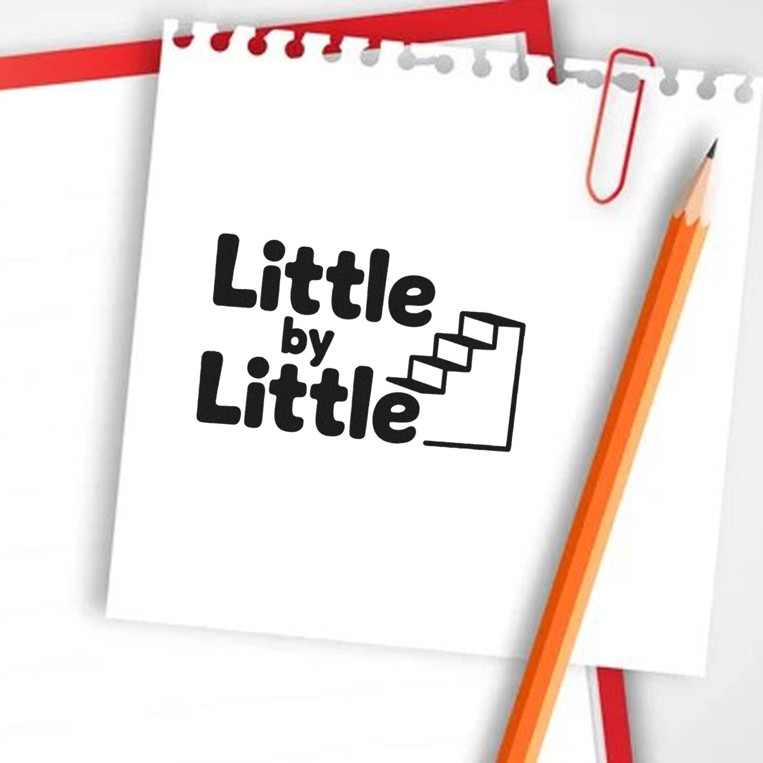 Little by Little rubber stamp logo with stair-step icon for educational progress, growth, and motivation.
