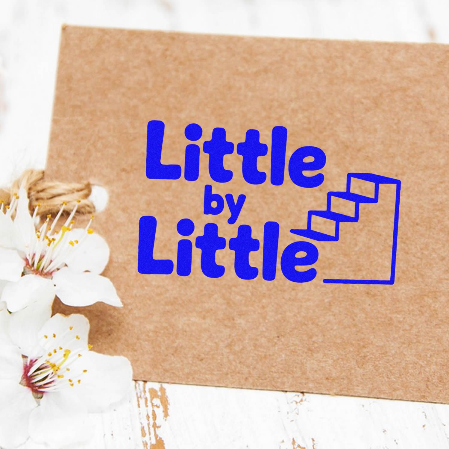 Little by Little custom rubber stamp design with staircase icon, ideal for branding kraft packaging and handmade products.