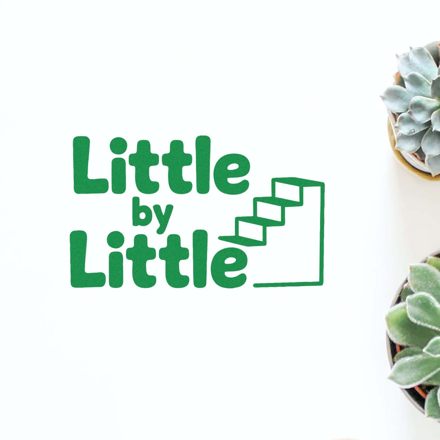 Little by Little rubber stamp design with staircase icon, ideal for motivational crafting, planner, and handmade packaging.