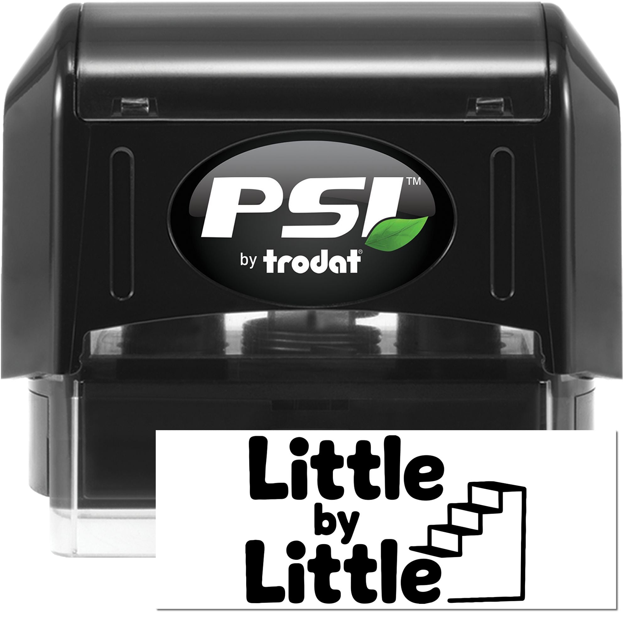 PSI by Trodat self-inking rubber stamp with Little by Little message and stair-step icon for motivational office use.