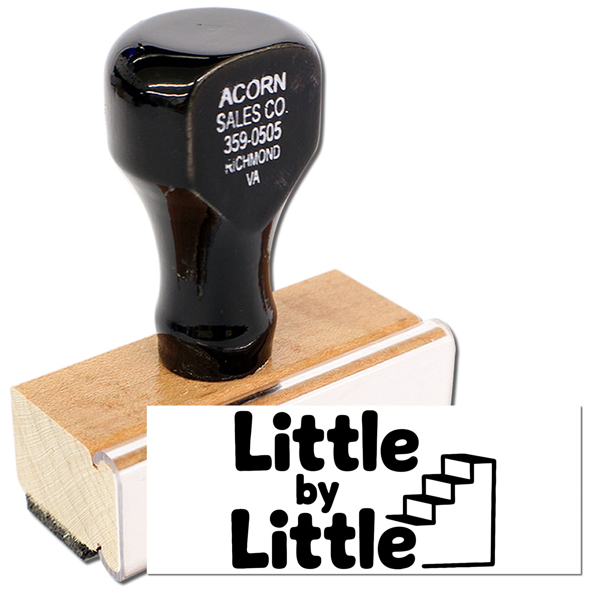 Little by Little custom rubber stamp with stairs icon on wooden block for motivational craft and business branding.