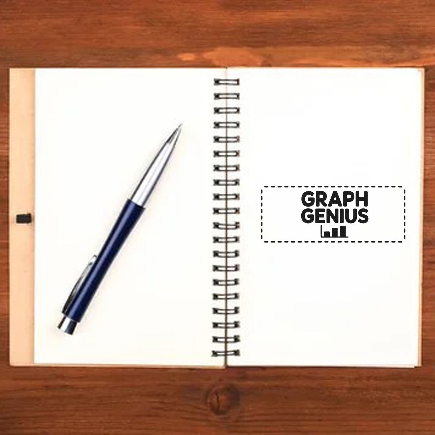 Graph Genius rubber stamp on notebook for marking charts, notes, and creative planning.