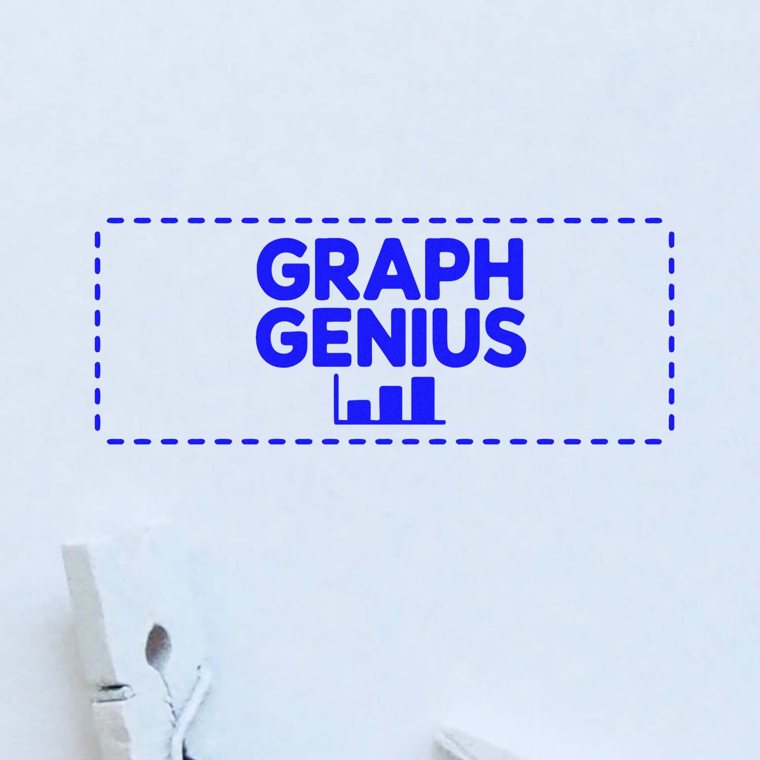 Blue GRAPH GENIUS rubber stamp with bar chart icon and dashed border, ideal for custom office branding or reports.