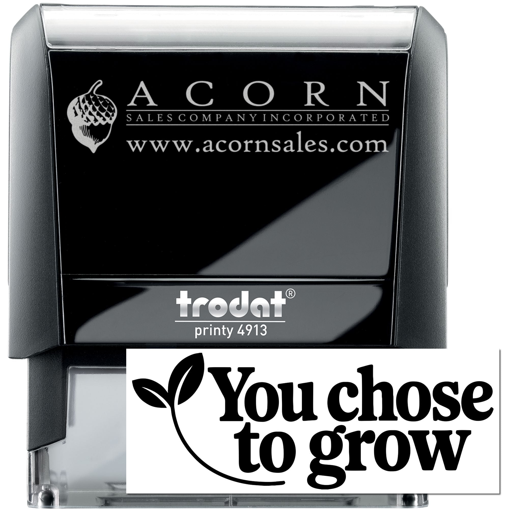 Custom self-inking rubber stamp for business branding, Trodat Printy 4913 with Acorn Sales Company logo and website.