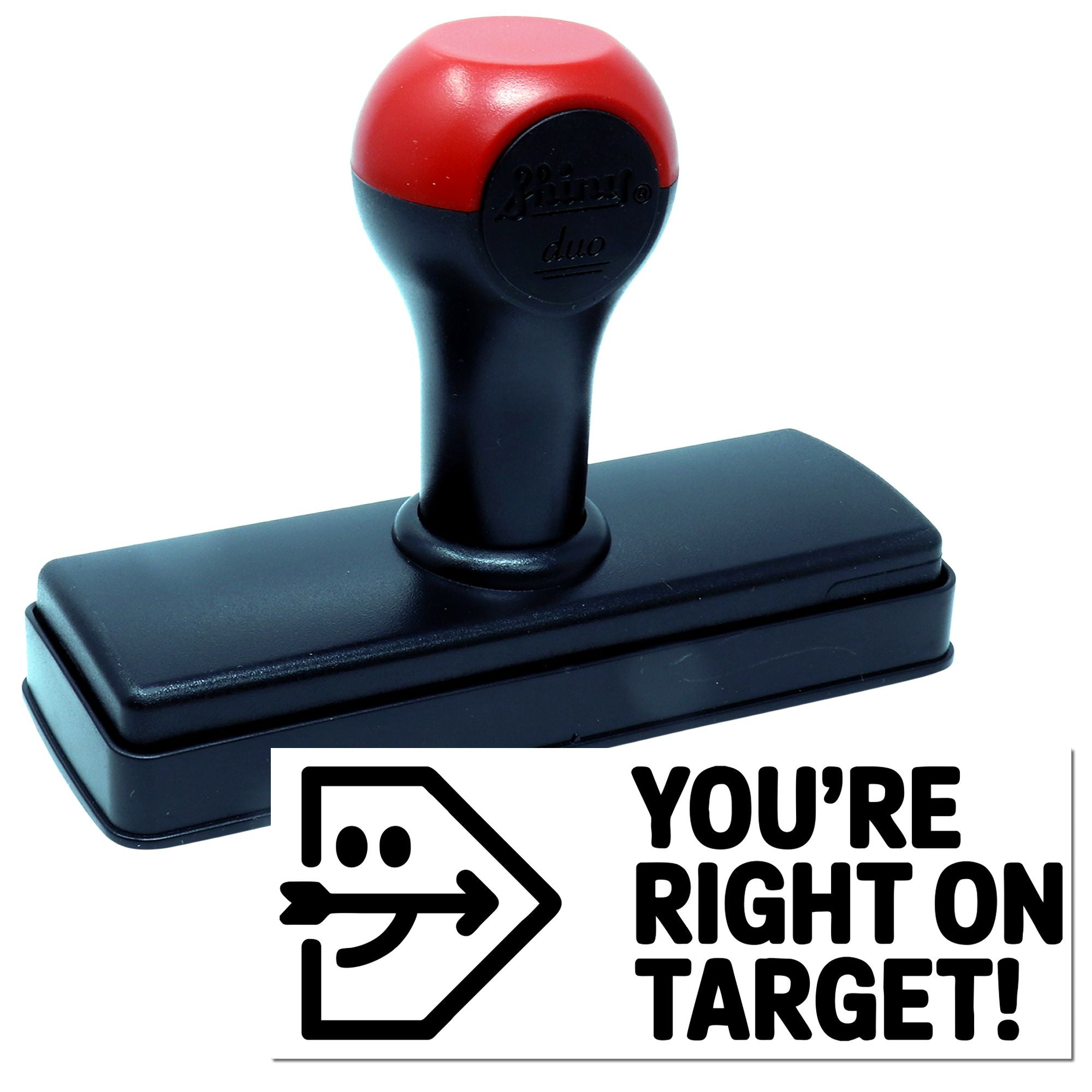 Self-inking rubber stamp with Youre Right on Target! arrow message for office feedback, grading, or rewards.
