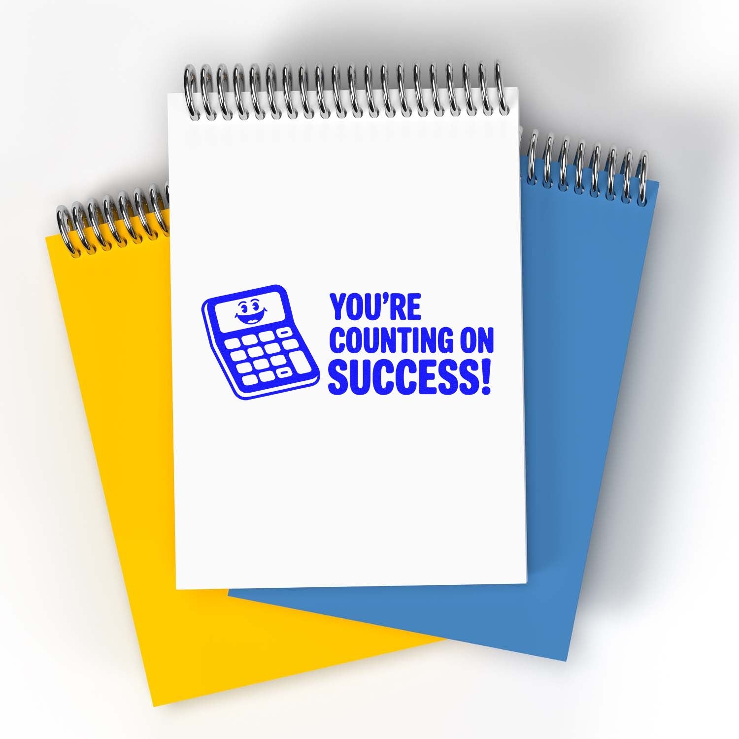 Accounting rubber stamp reading Youre Counting on Success! with calculator icon on notebook, ideal for finance and bookkeeping.