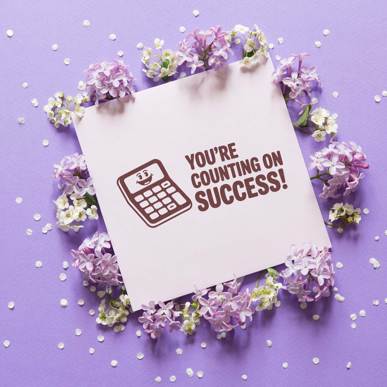 Calculator rubber stamp with Youre Counting on Success! message, ideal for custom business, school, and teacher stationery.