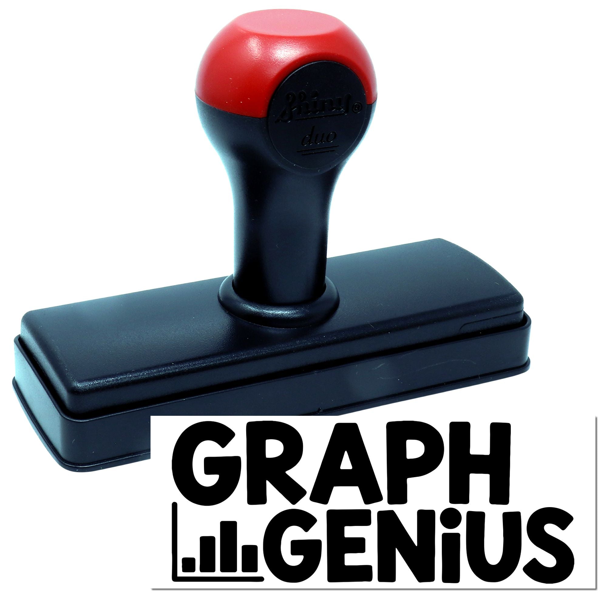 Graphic Genius self-inking rubber stamp with red and black handle for custom business logo and branding