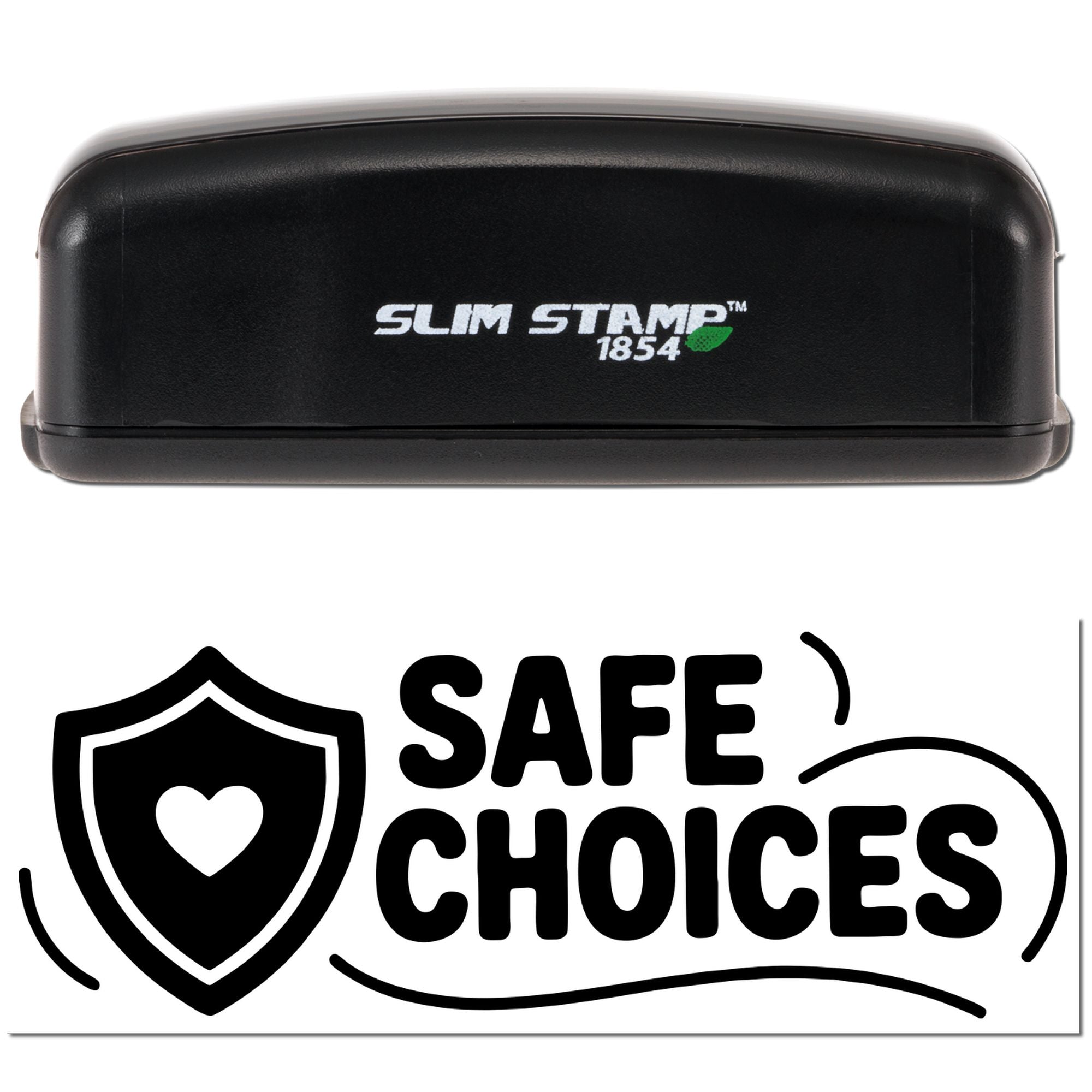 Self-inking Slim Stamp 1854 custom rubber stamp with Safe Choices shield logo for safety-themed branding.