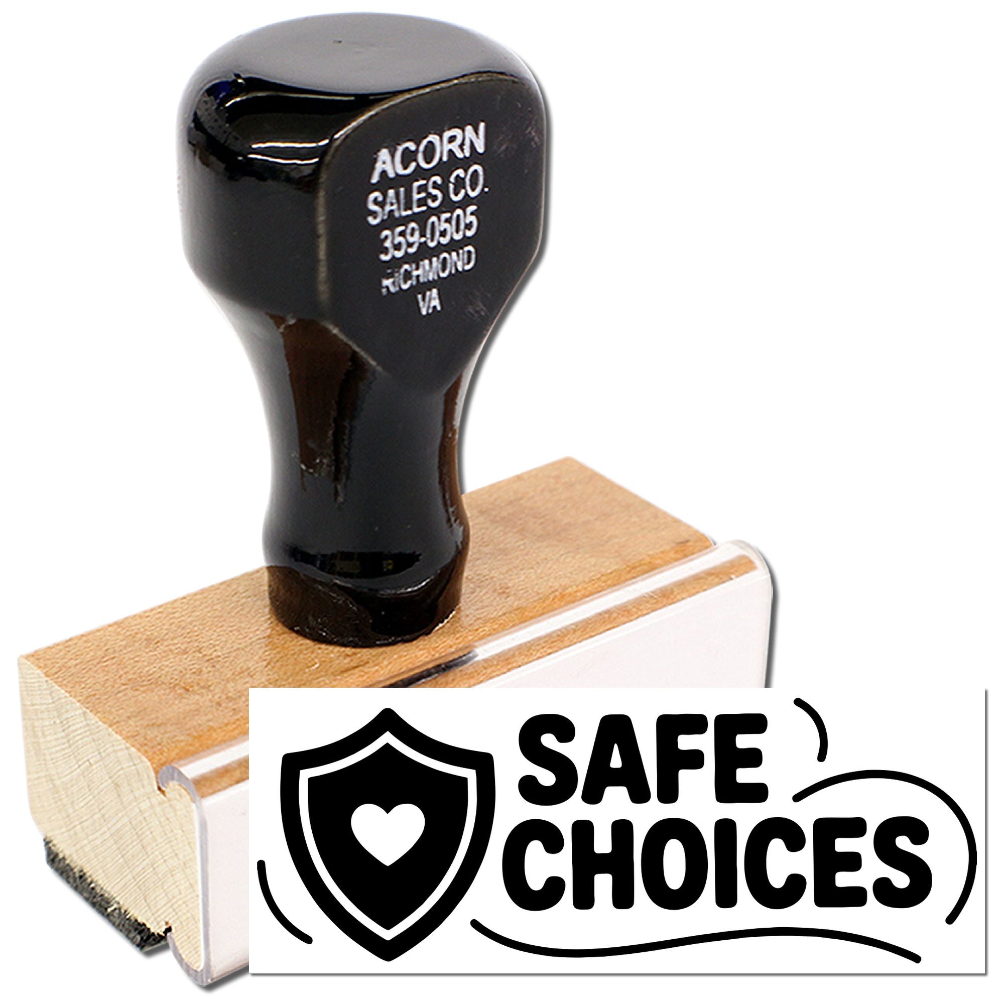 Wooden rubber stamp with Safe Choices shield logo for branding safe, health-focused messages.