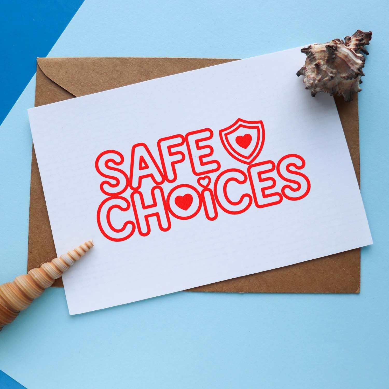 Safe Choices rubber stamp impression on a card, ideal for eco-friendly packaging, stationery, and craft branding.