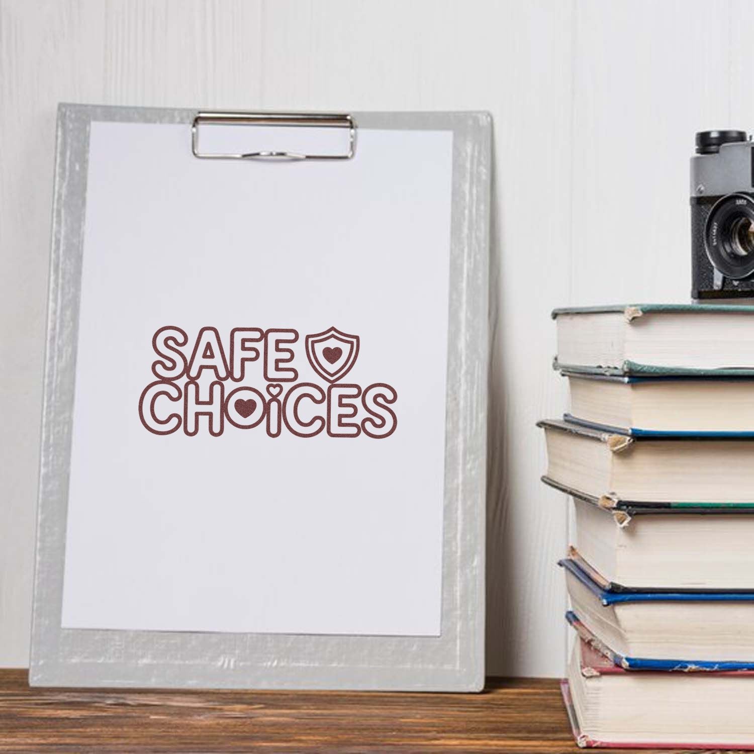 Safe Choices rubber stamp design on clipboard, ideal for education, classroom, and awareness projects.