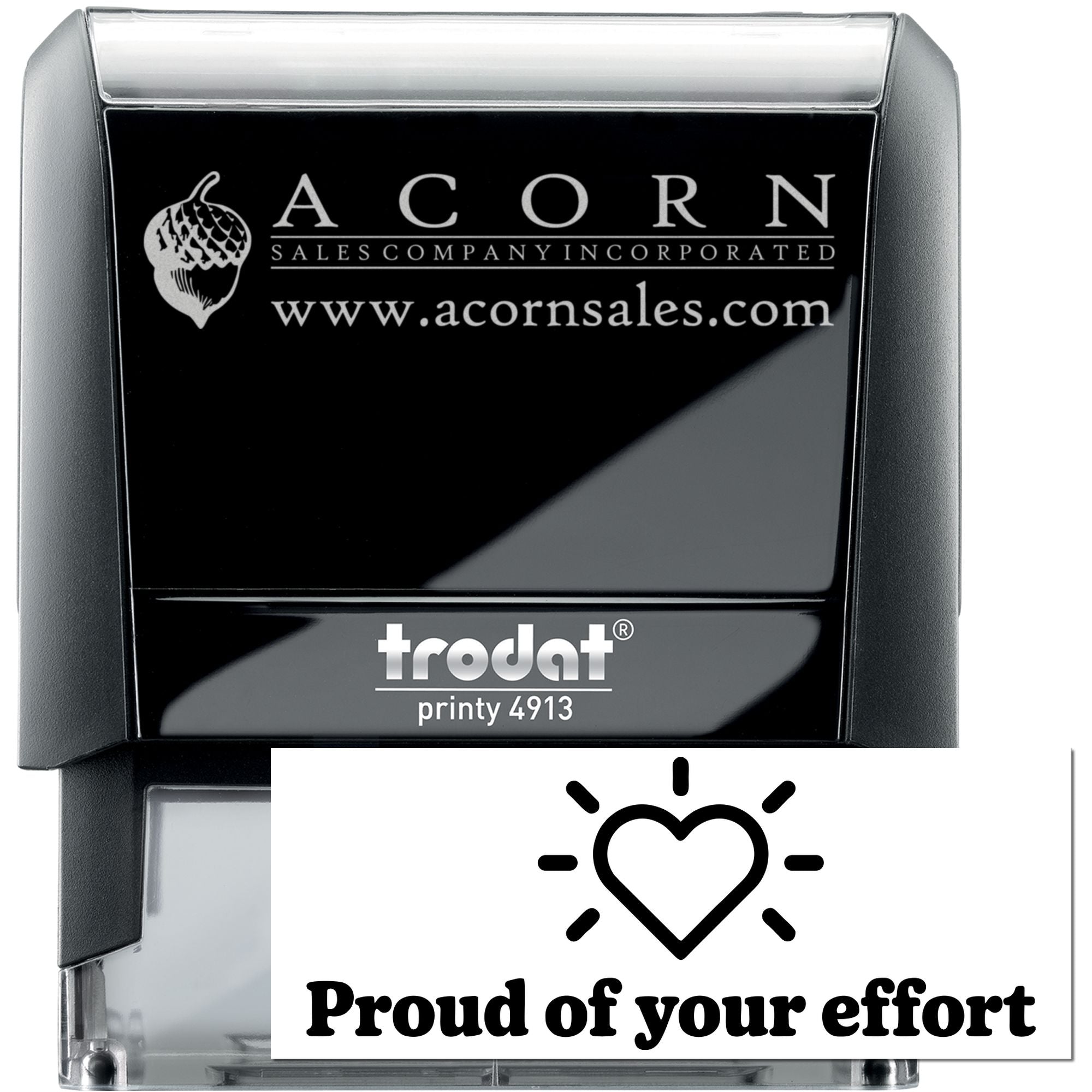 Custom self-inking rubber stamp with Acorn Sales logo, website, and Proud of your effort praise design.