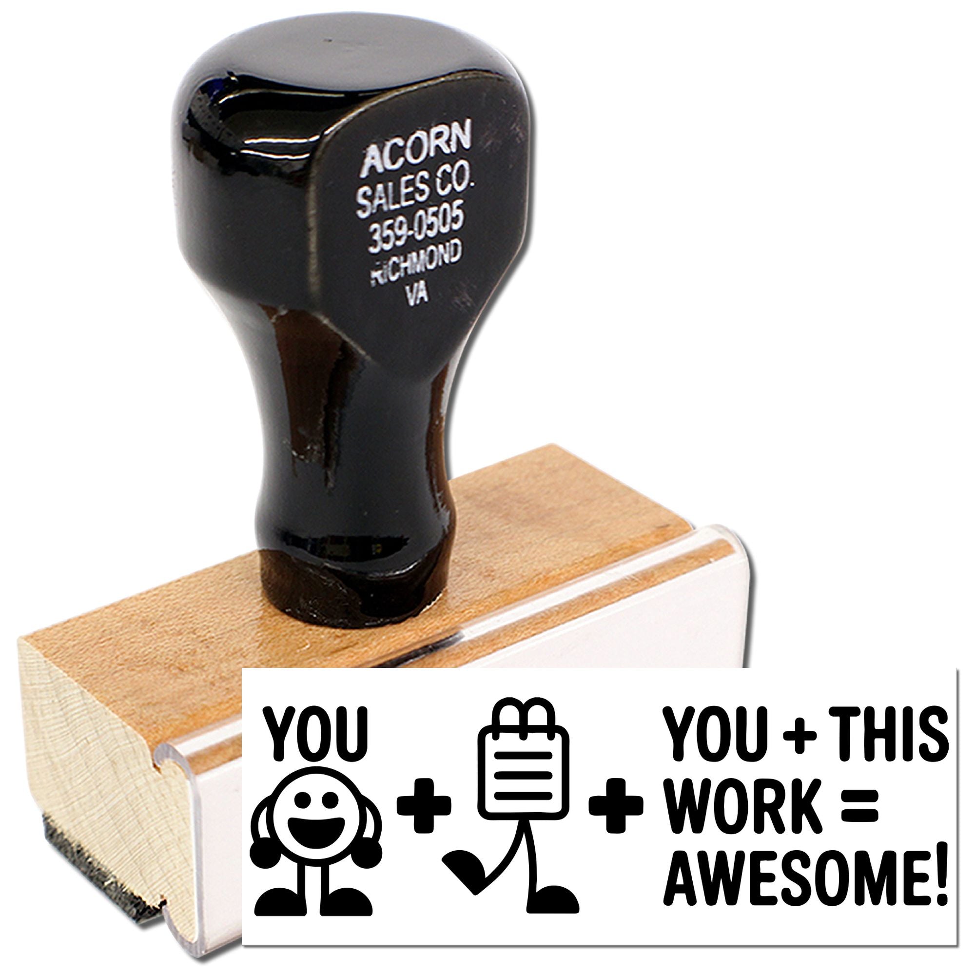 Custom rubber stamp with wooden handle and sample imprint for business branding, address marking, and motivational stamping.