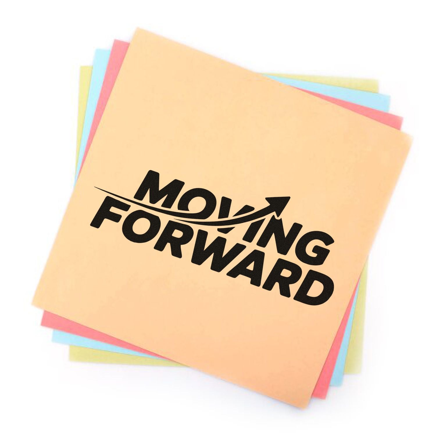 Moving Forward rubber stamp imprint on colorful paper stack for motivational office, planner, and business branding.