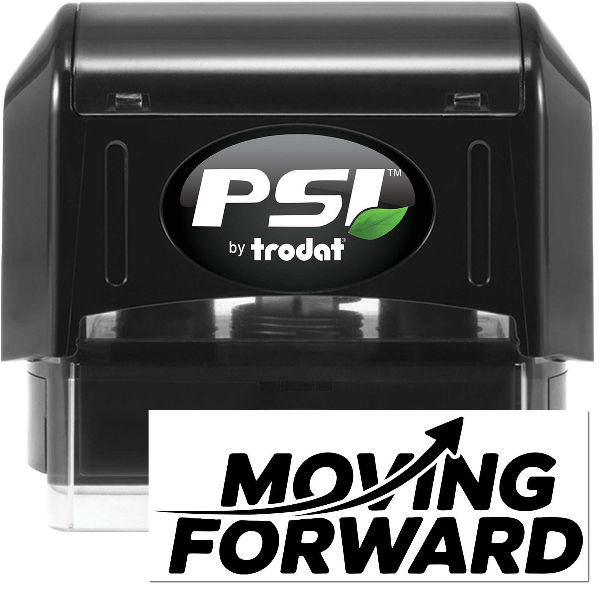 PSI by Trodat self-inking rubber stamp with Moving Forward imprint for office branding and business use.