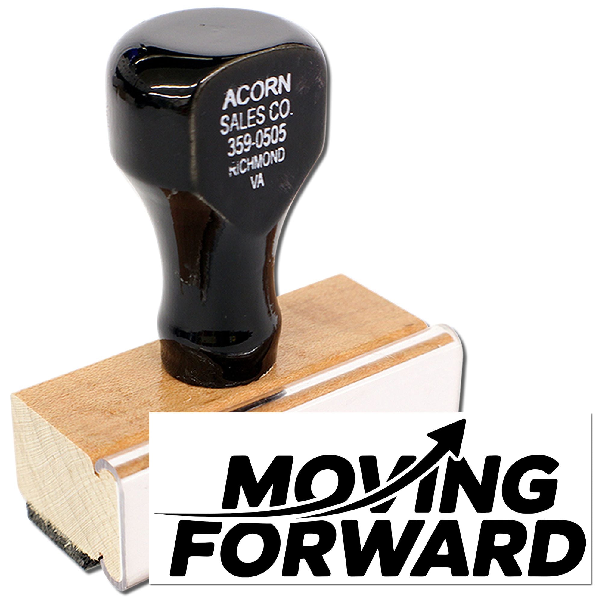 Custom rubber stamp with Moving Forward logo and arrow for business branding, packaging, and marketing.