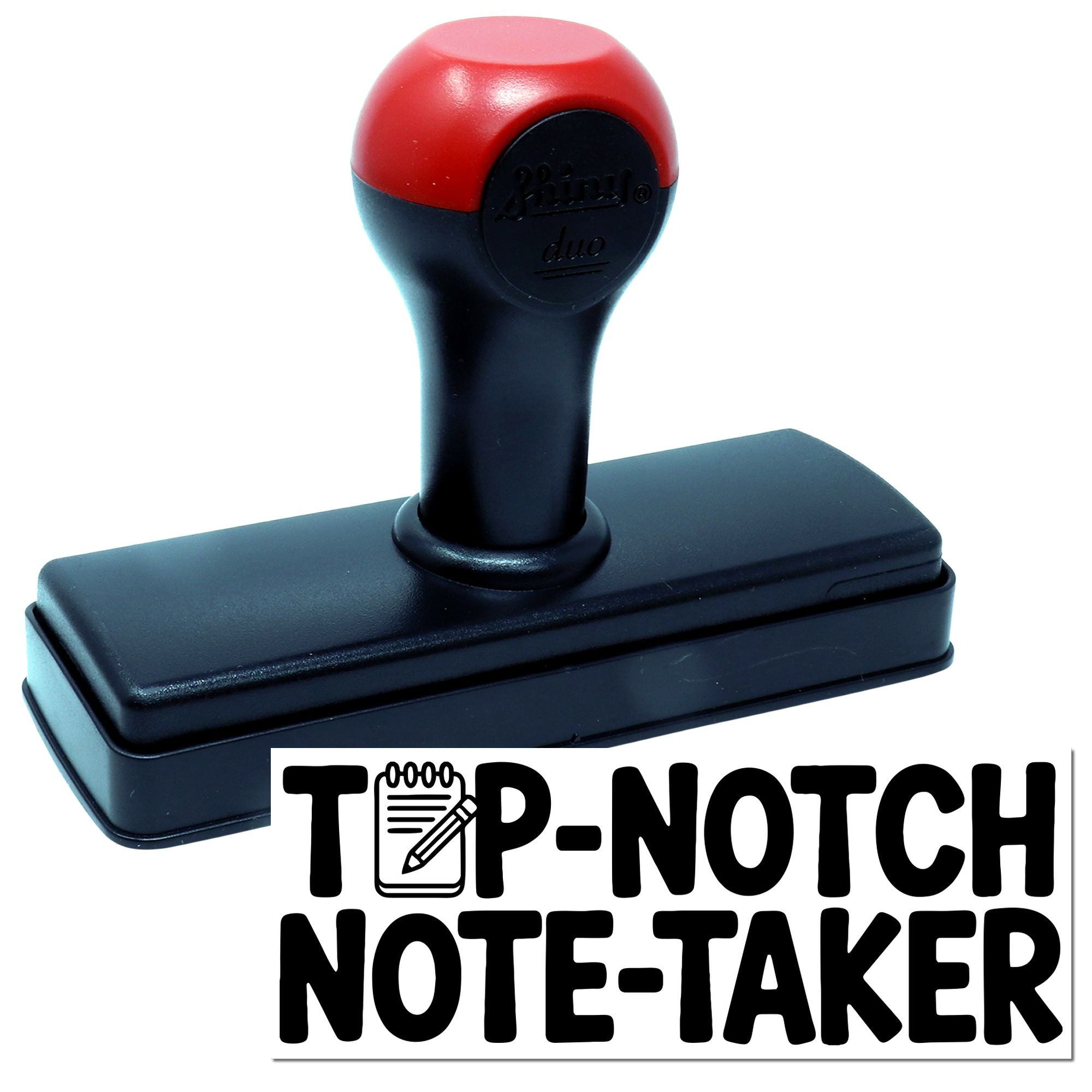 Self-inking rubber stamp with Top-Notch Note-Taker design and notepad pencil icon, ideal for custom office branding.