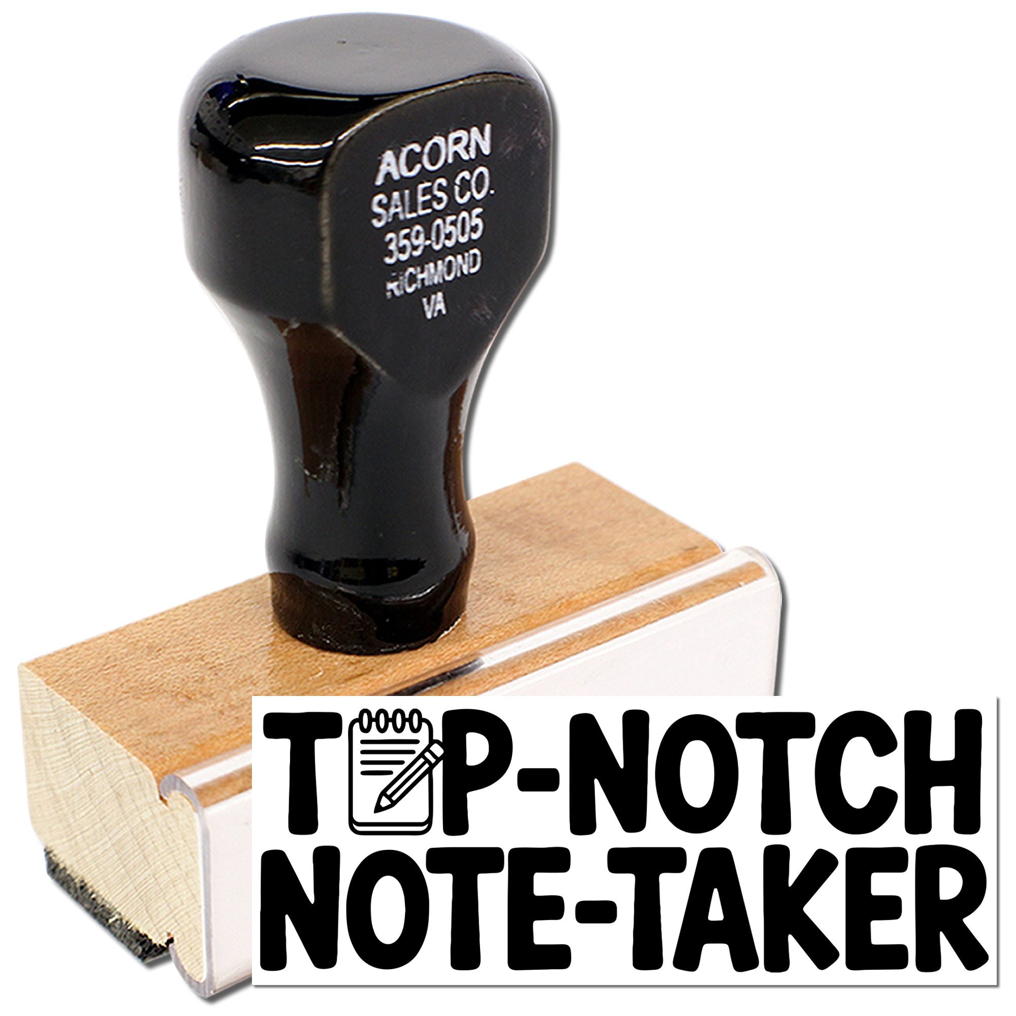 Custom wood handle rubber address stamp for business mail, with return address imprint and Top-Notch Note-Taker branding.