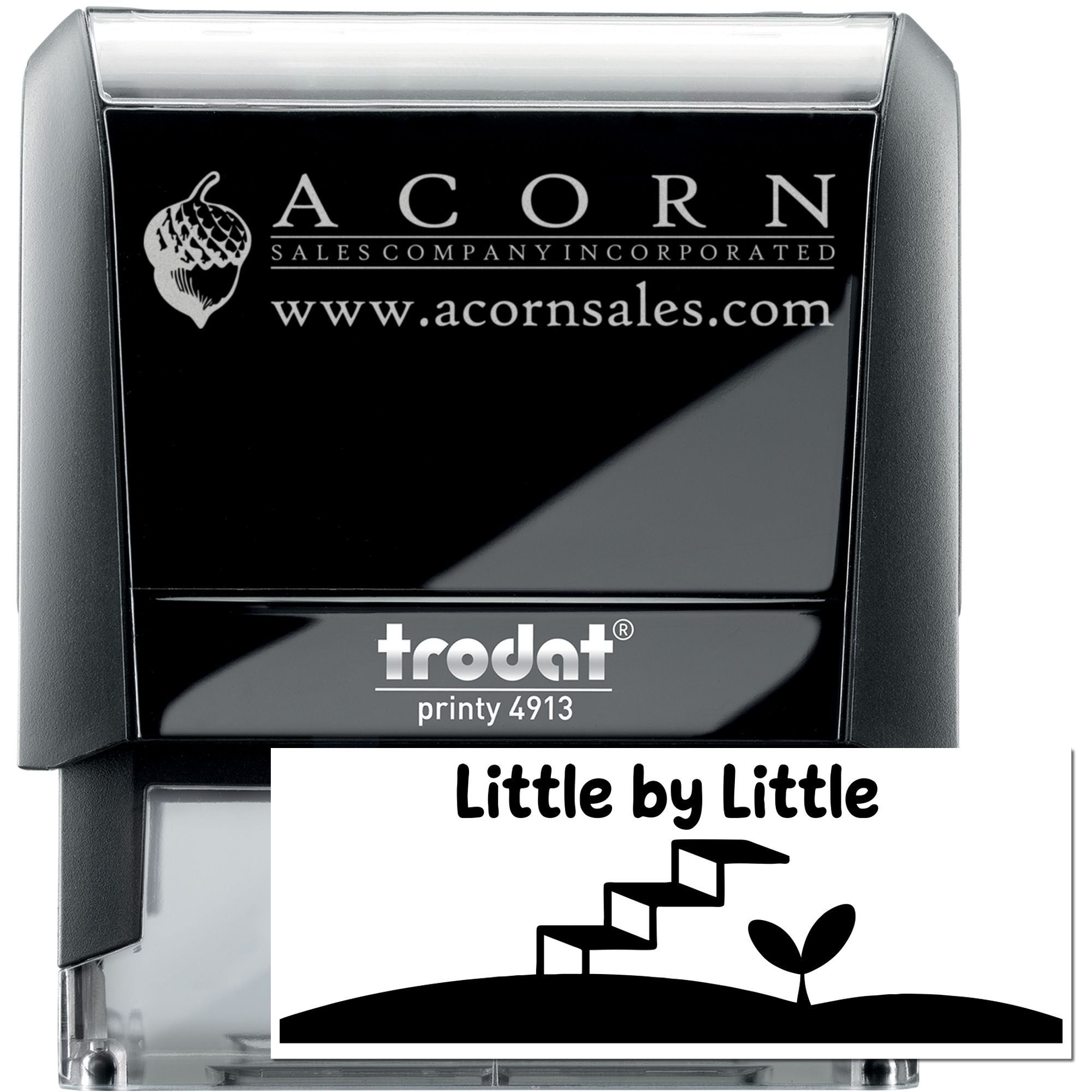 Custom self-inking rubber stamp featuring Acorn Sales Company logo, website, and Little by Little design.