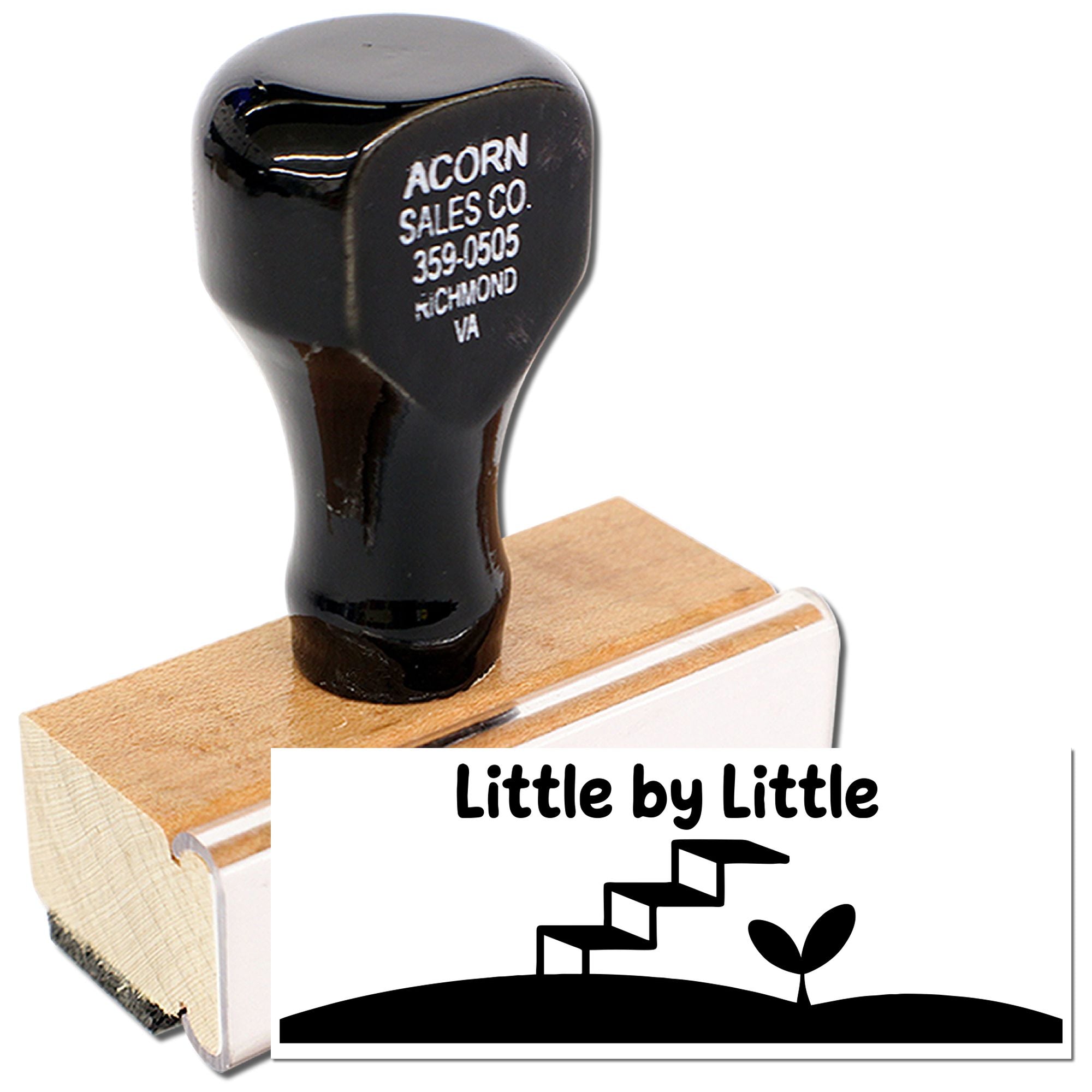 Custom wooden rubber stamp with Little by Little motivational design for crafting, cards, and handmade paper projects.