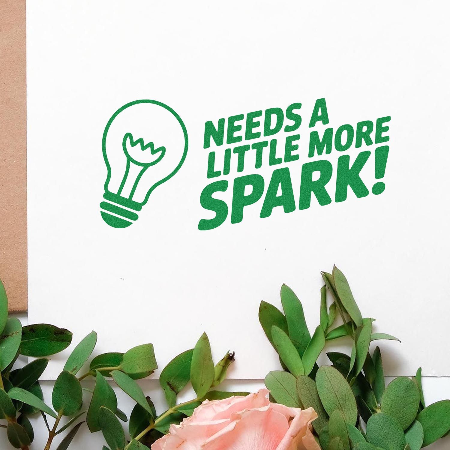 Green Needs a Little More Spark! rubber stamp with lightbulb icon for motivational stationery, packaging, and planners