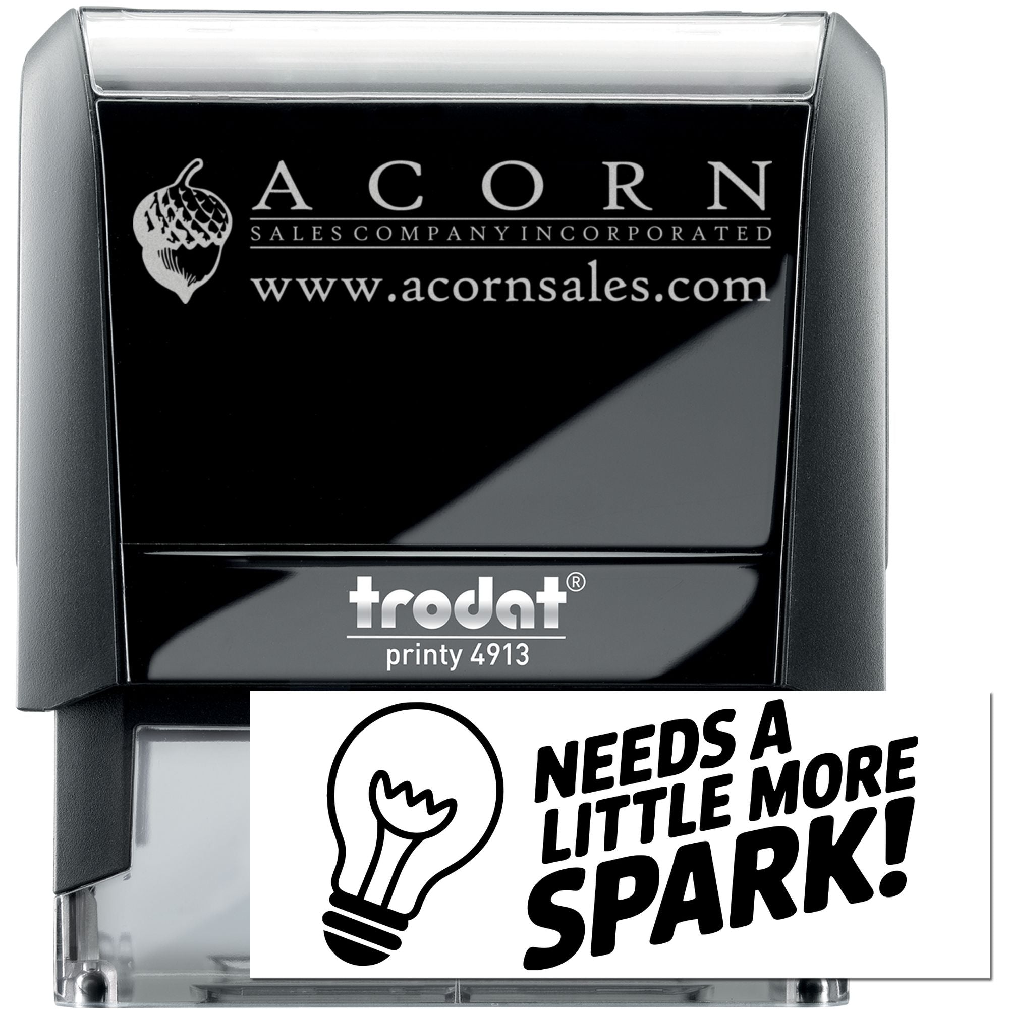 Custom self-inking rubber stamp, Trodat Printy 4913, with Acorn Sales logo, website, and sample imprint.