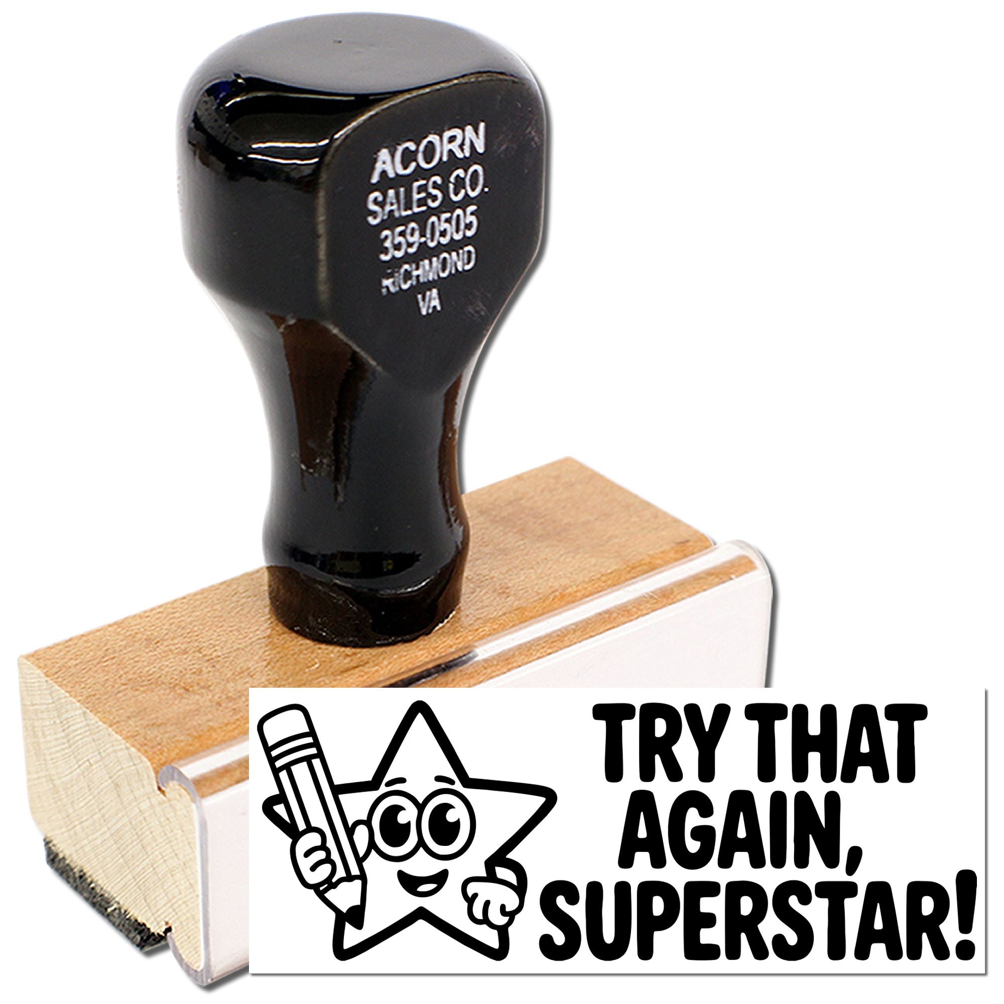 Self-inking rubber stamp with Try That Again, Superstar! design for teachers, grading, and fun classroom feedback.