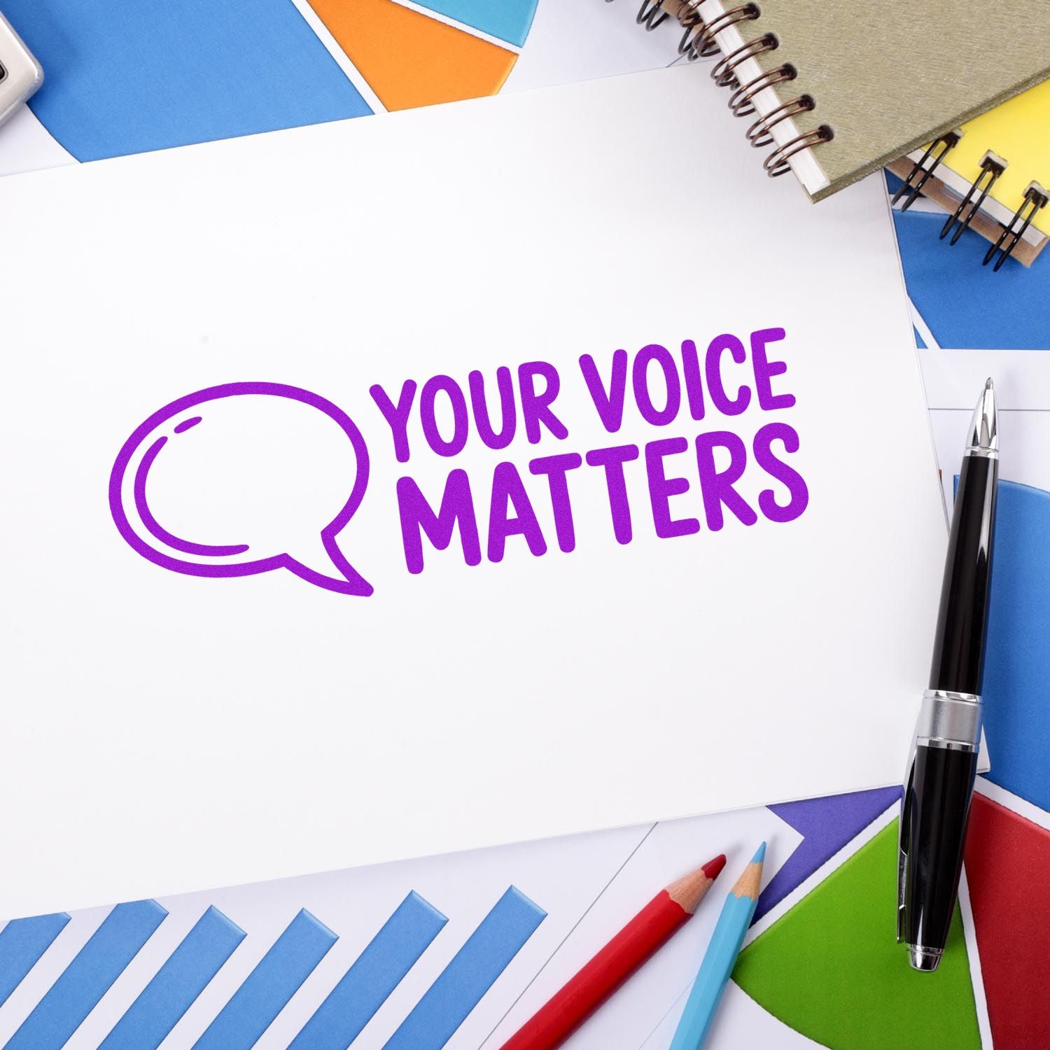 Custom rubber stamp design with Your Voice Matters message for advocacy, awareness, and office stationery branding.