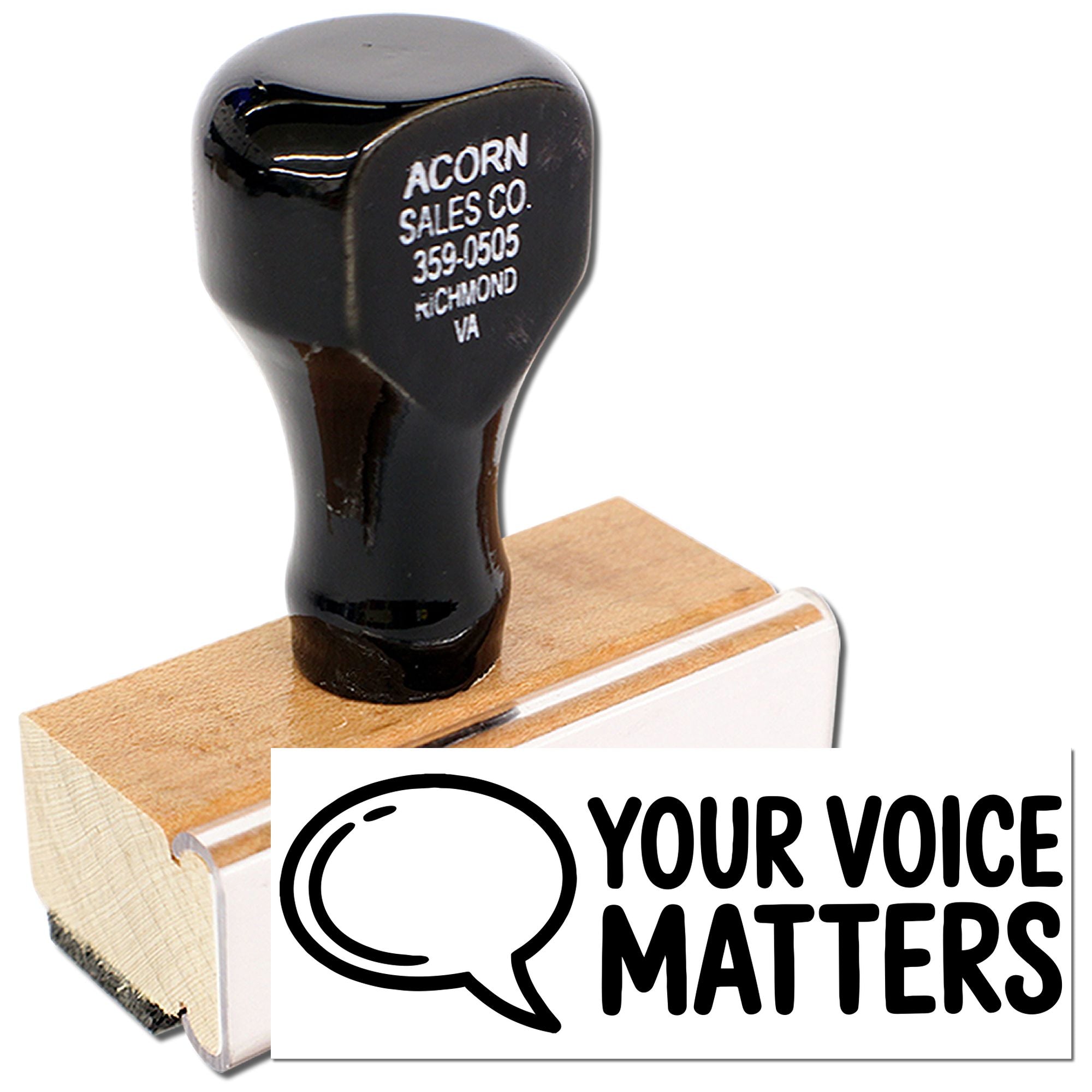 Custom rubber stamp with wooden handle and Your Voice Matters imprint for advocacy, voter outreach, or awareness campaigns.