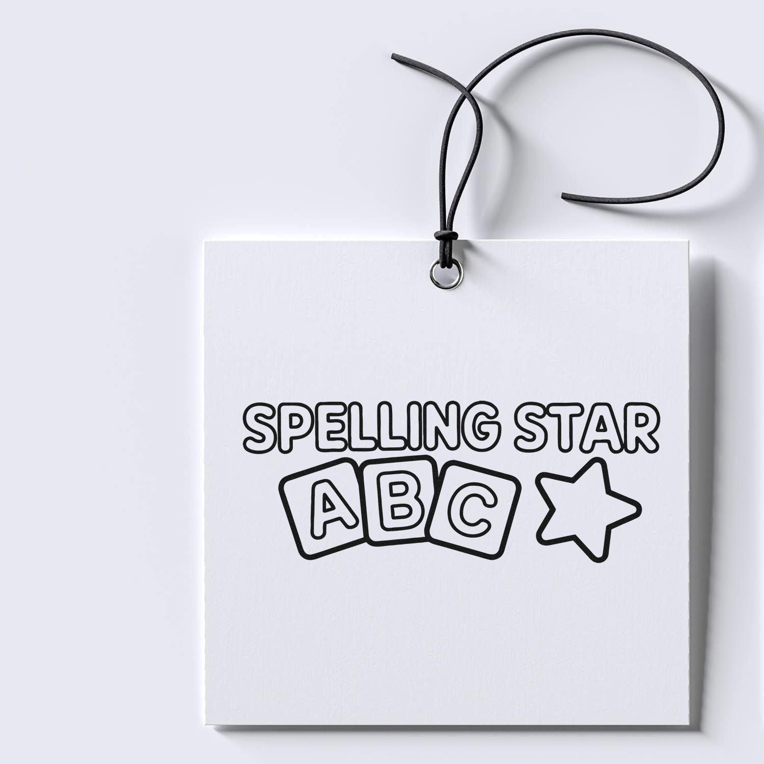 Spelling Star ABC educational rubber stamp design on a white hanging tag with star icon