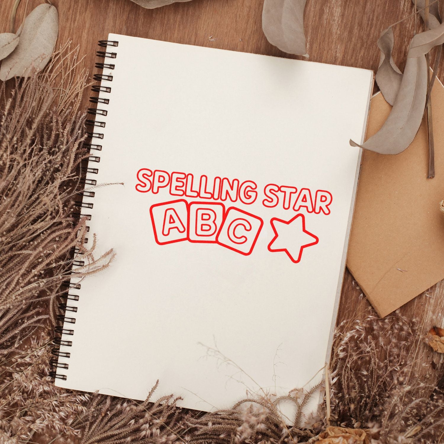 Custom rubber stamp reading Spelling Star ABC for school reward crafts and educational stationery.
