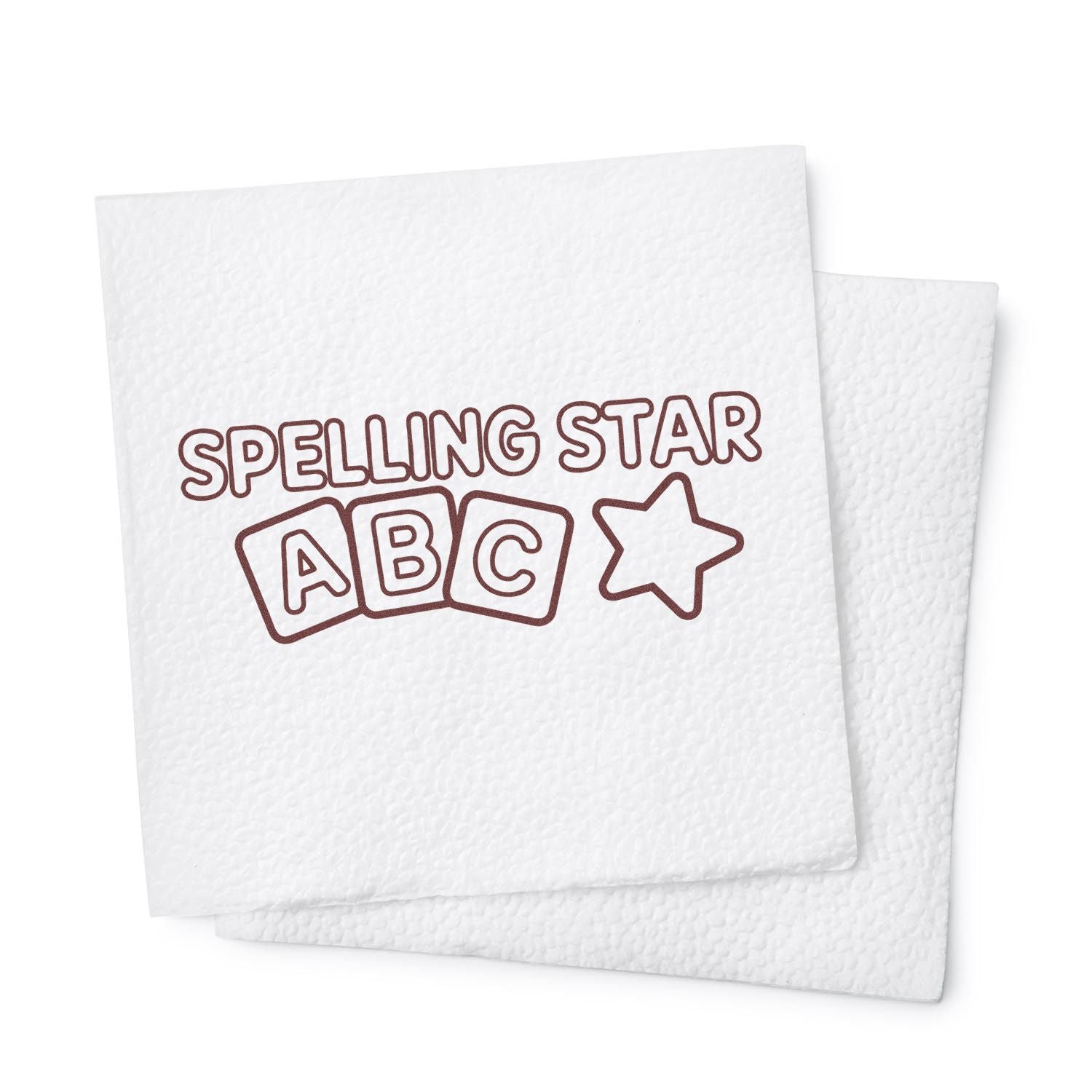 Spelling Star ABC rubber stamp design with star icon on textured paper, ideal for teacher classroom reward stamping.
