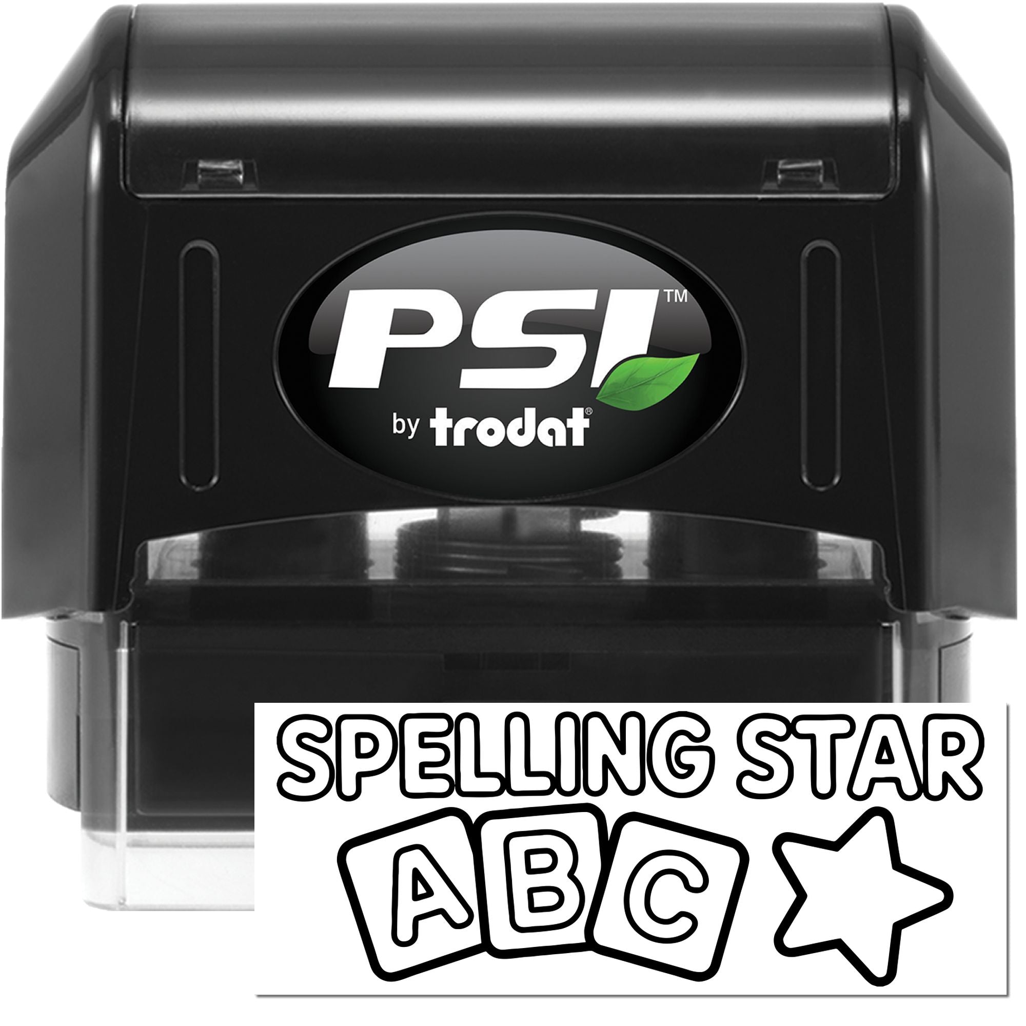 PSI by Trodat self-inking rubber stamp with Spelling Star ABC design for classroom rewards and educational stamping.