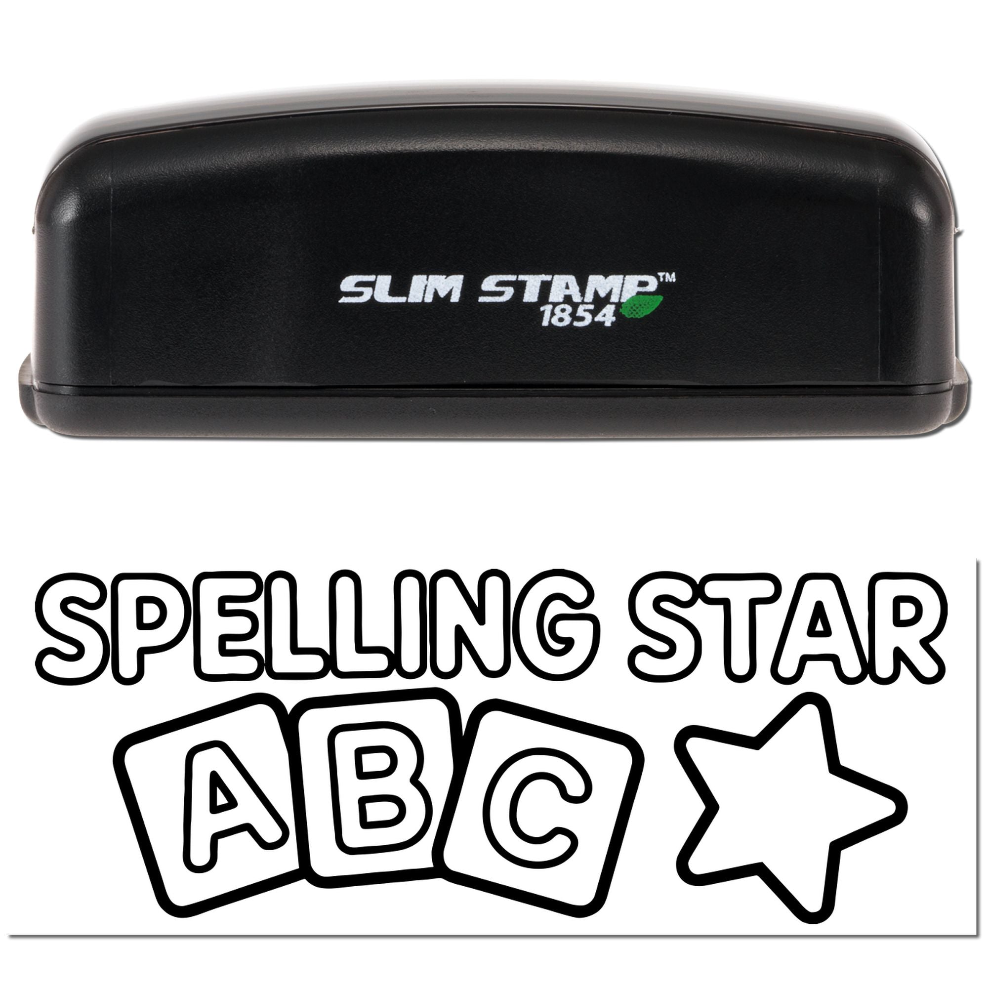 Slim Stamp 1854 self-inking rubber stamp showing Spelling Star design with ABC blocks and star for classroom rewards