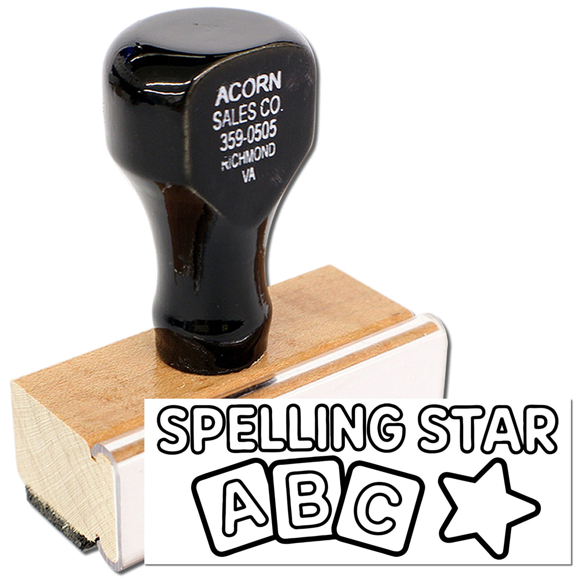 Custom spelling star ABC rubber stamp for classroom spelling practice and letter recognition.