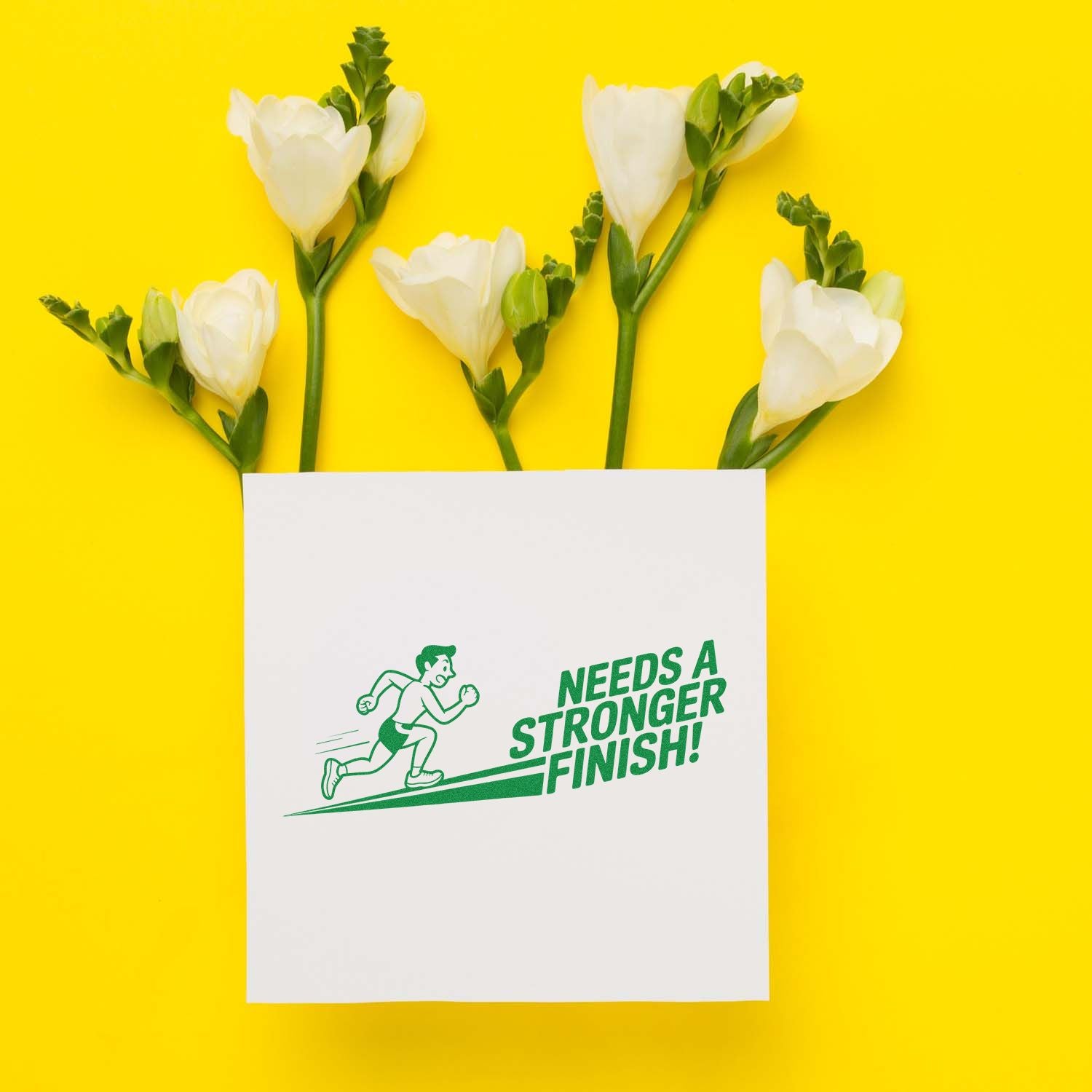 Green rubber stamp design with runner and Needs a Stronger Finish! slogan for motivational race or fitness projects.