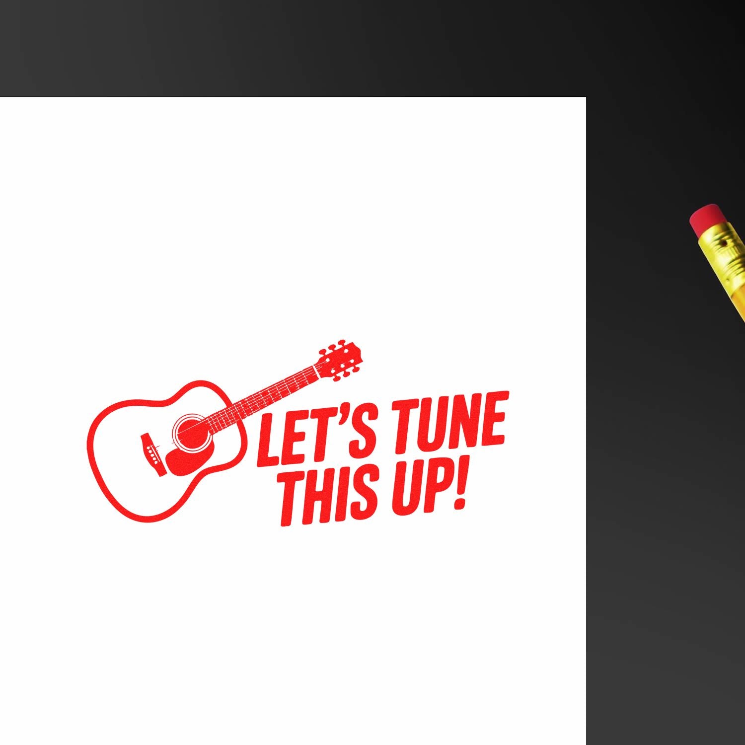 Red guitar rubber stamp with Lets Tune This Up! text, ideal for music teachers, guitar repair, or instrument shop branding.