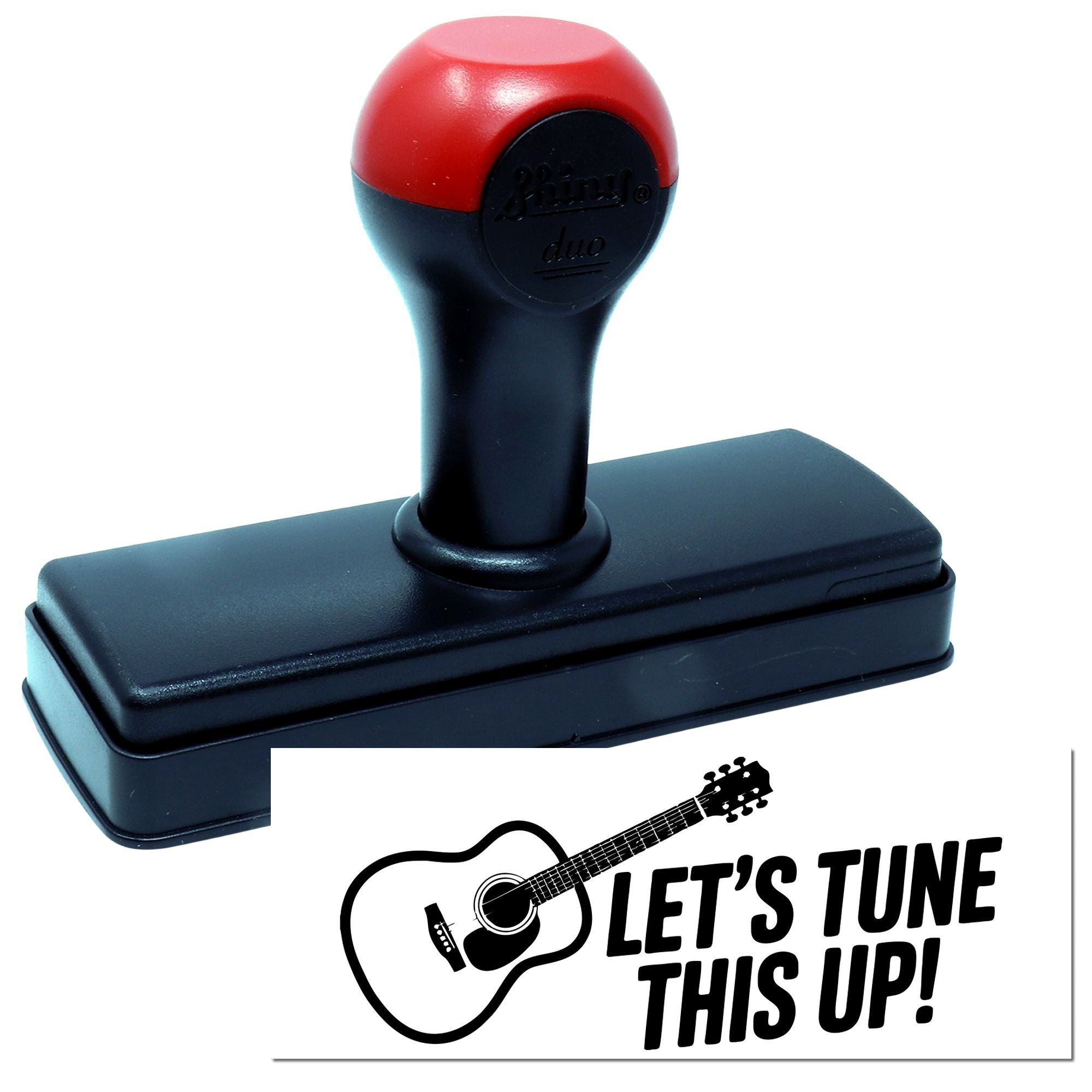 Self-inking rubber stamp with guitar design and Lets Tune This Up! message for music teachers, bands, and repair shops